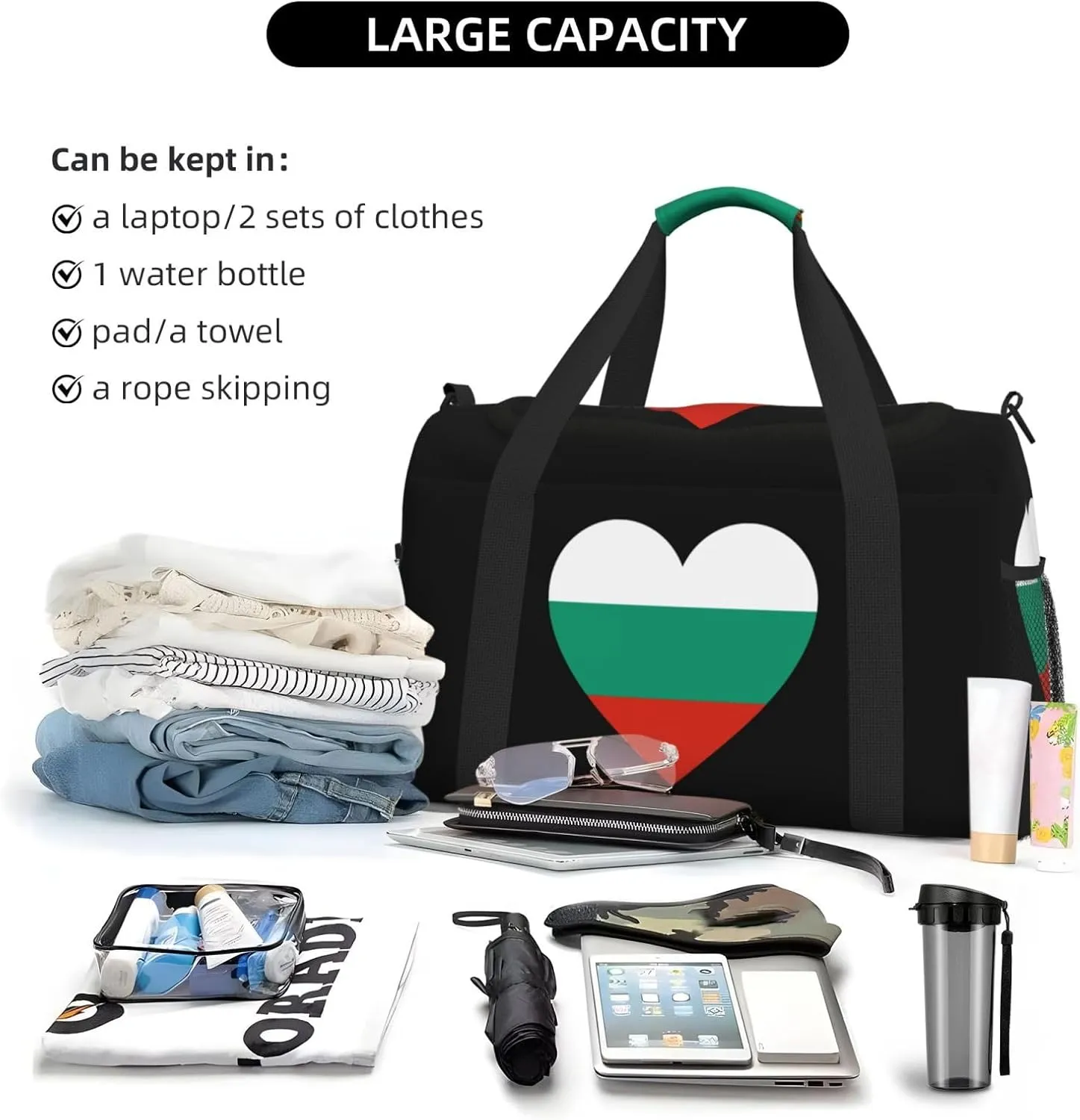 Love Bulgaria Flag Travel Duffel Bag Large Foldable Waterproof Overnight Bag For Beach Swim Bags Pool Sports Gym