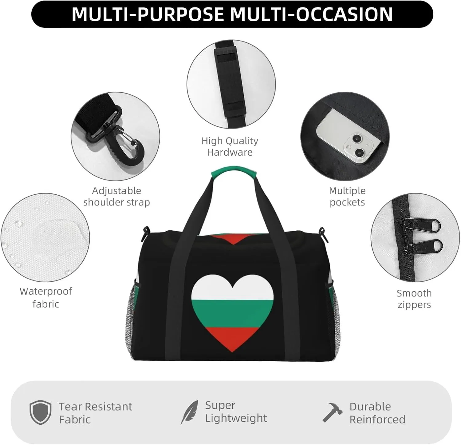 Love Bulgaria Flag Travel Duffel Bag Large Foldable Waterproof Overnight Bag For Beach Swim Bags Pool Sports Gym