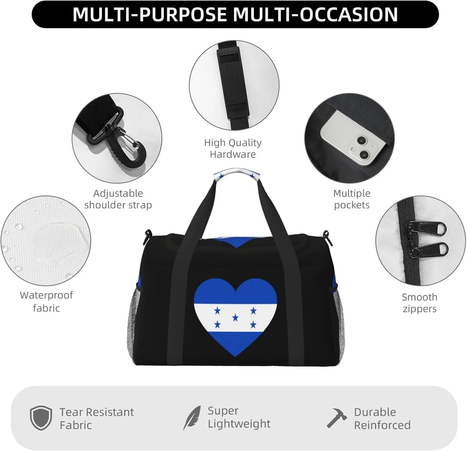 Love Honduras Flag Travel Duffel Bag Large Foldable Waterproof Overnight Bag For Beach Swim Bags Pool Sports Gym