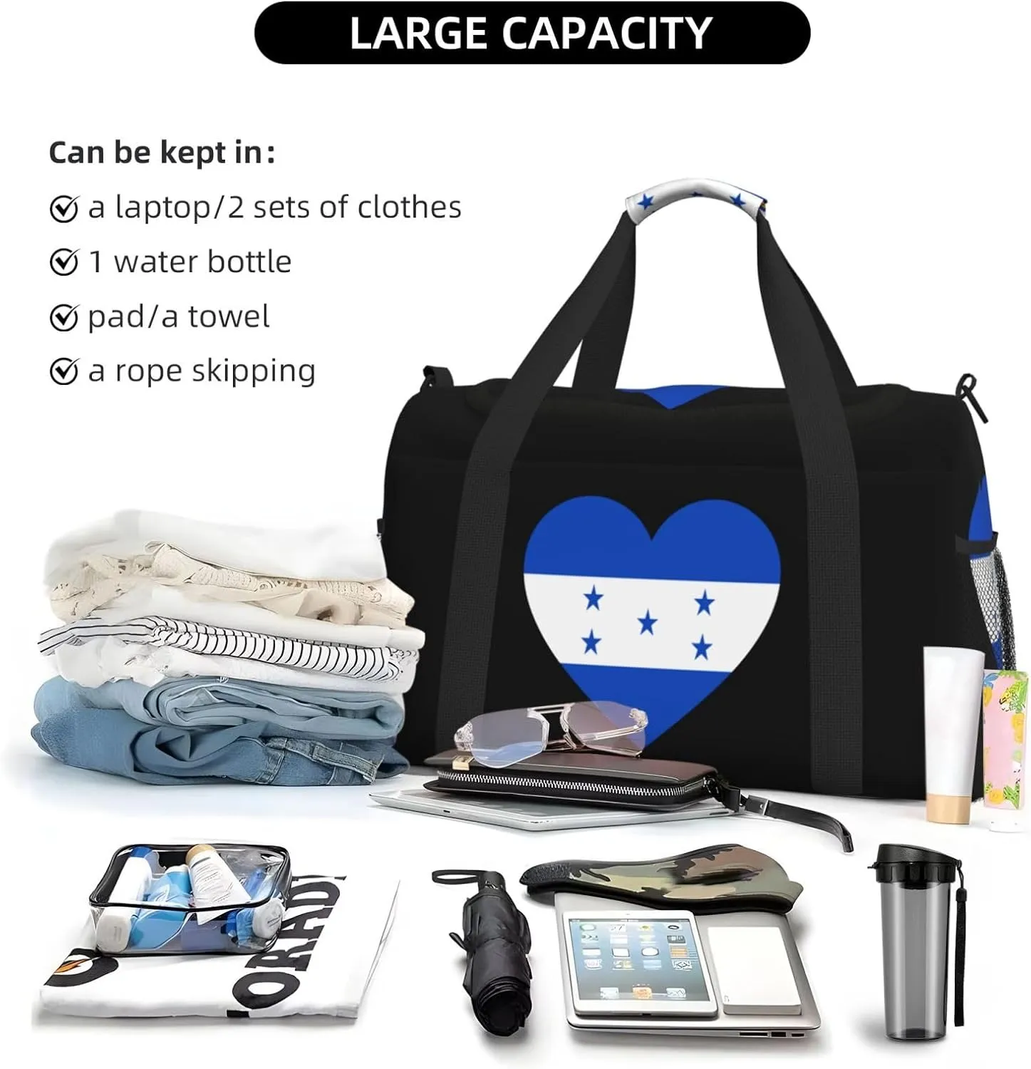 Love Honduras Flag Travel Duffel Bag Large Foldable Waterproof Overnight Bag For Beach Swim Bags Pool Sports Gym