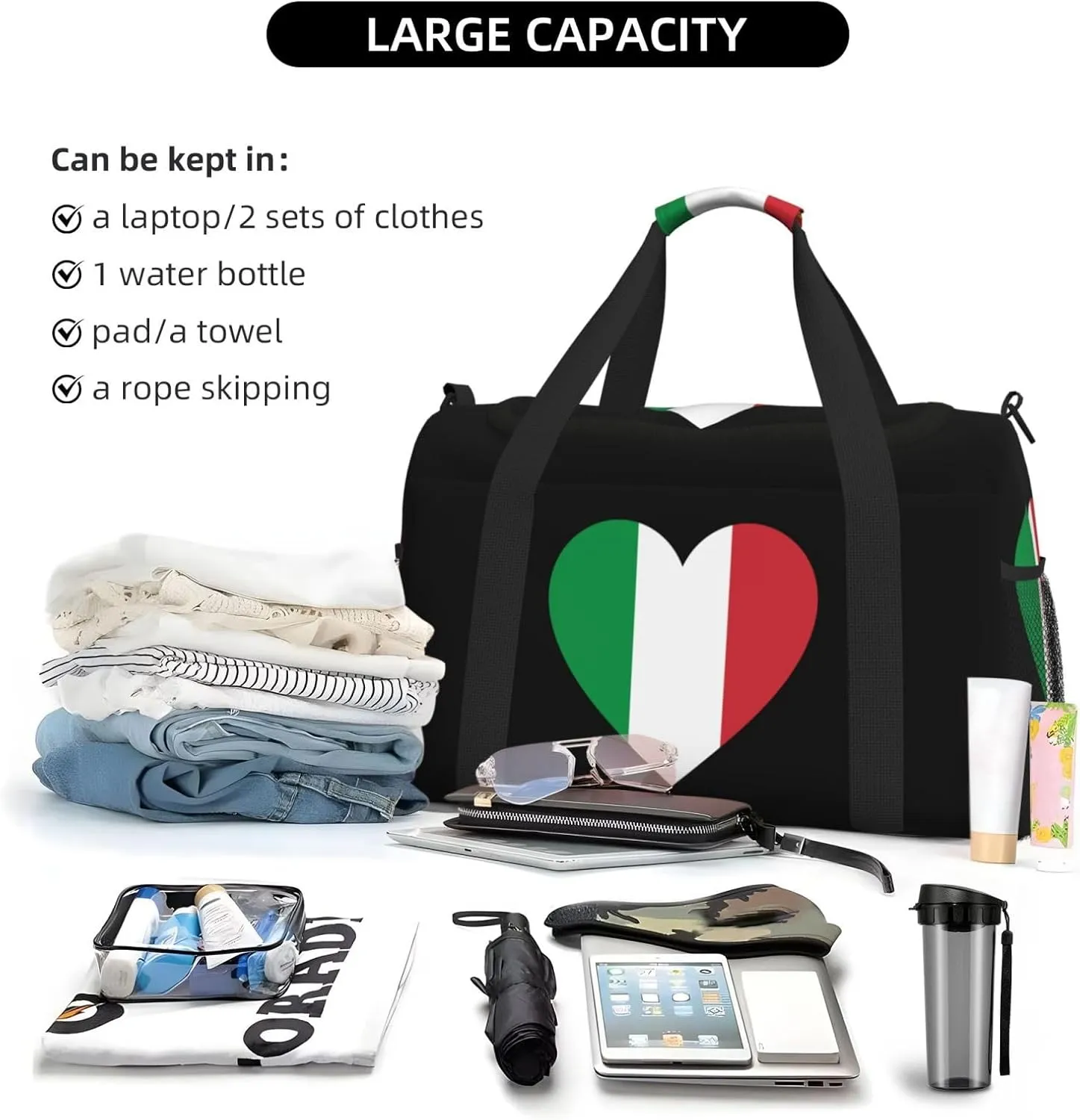 Love Italy Flag Travel Duffel Bag Large Foldable Waterproof Overnight Bag For Beach Swim Bags Pool Sports Gym