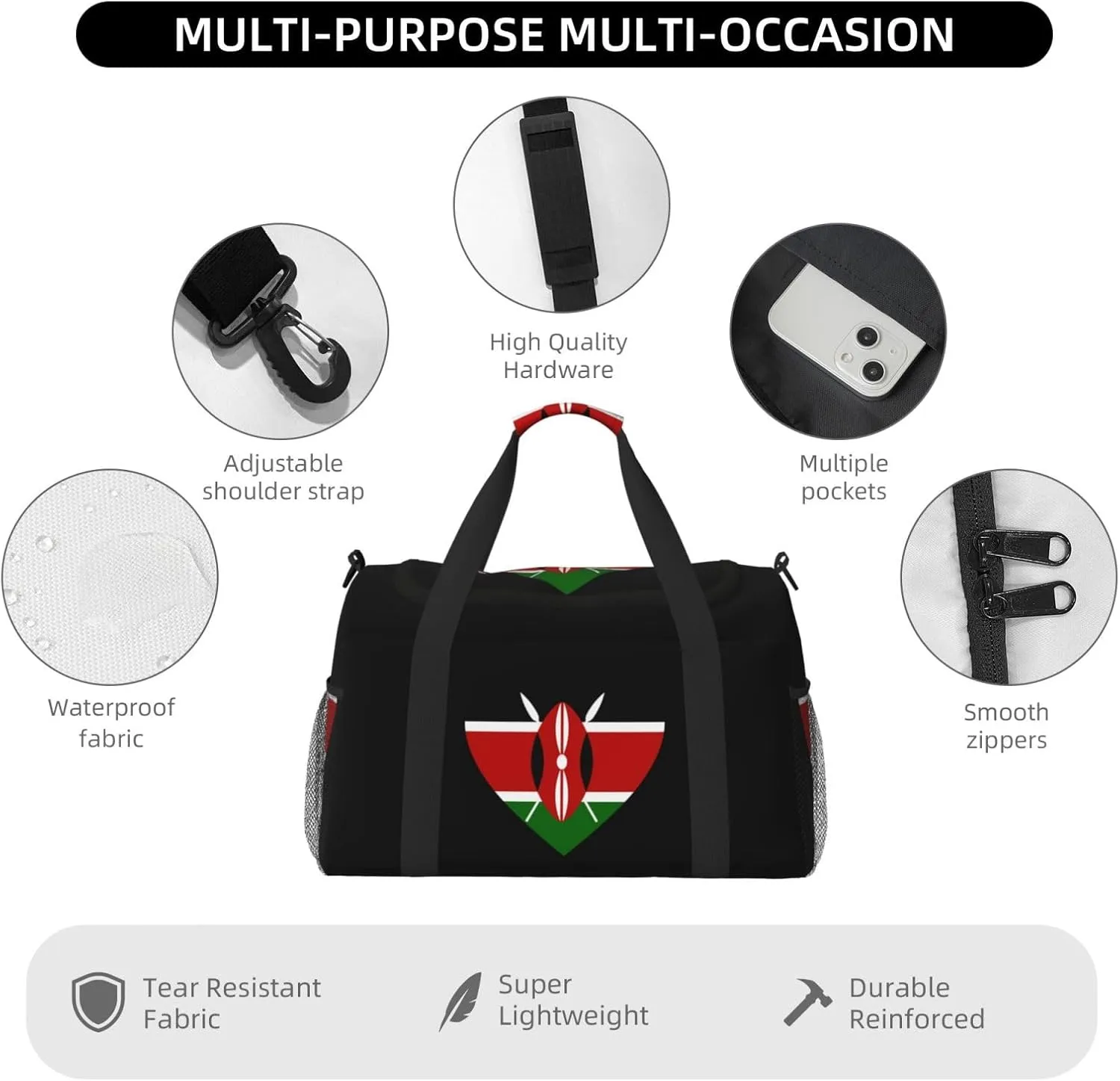 Love Kenya Flag Travel Duffel Bag Large Foldable Waterproof Overnight Bag For Beach Swim Bags Pool Sports Gym