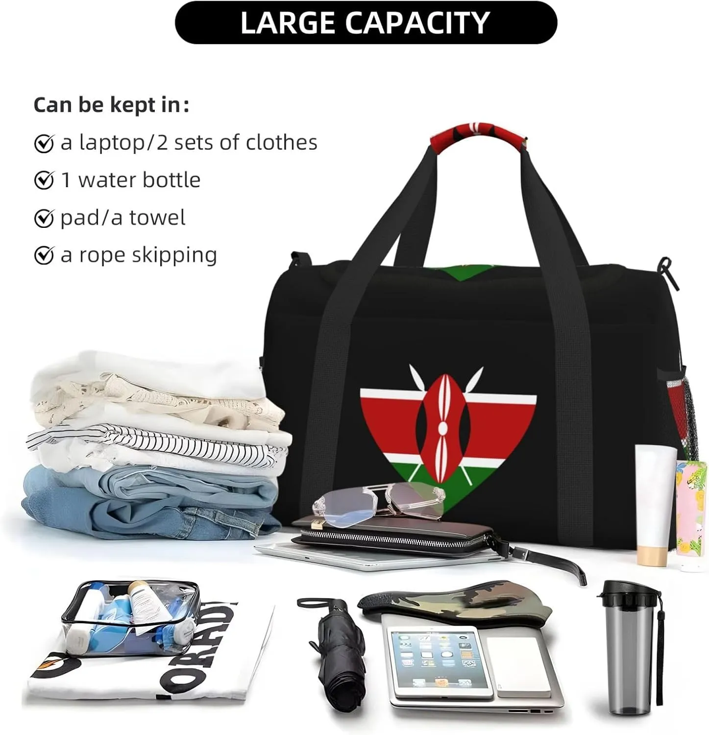 Love Kenya Flag Travel Duffel Bag Large Foldable Waterproof Overnight Bag For Beach Swim Bags Pool Sports Gym