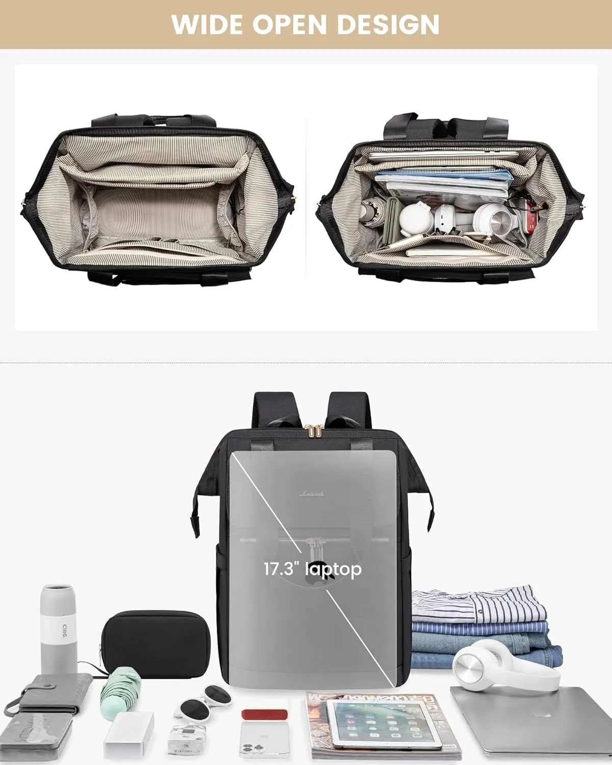 LOVEVOOK 17.3 Inch Laptop Backpack for Women, Large Capacity Travel Backpack with Organizer Bag, Waterproof Carry on Backpack Work Bag with USB Port, Teacher Nurse Backpack Purse, 2PCS, Black