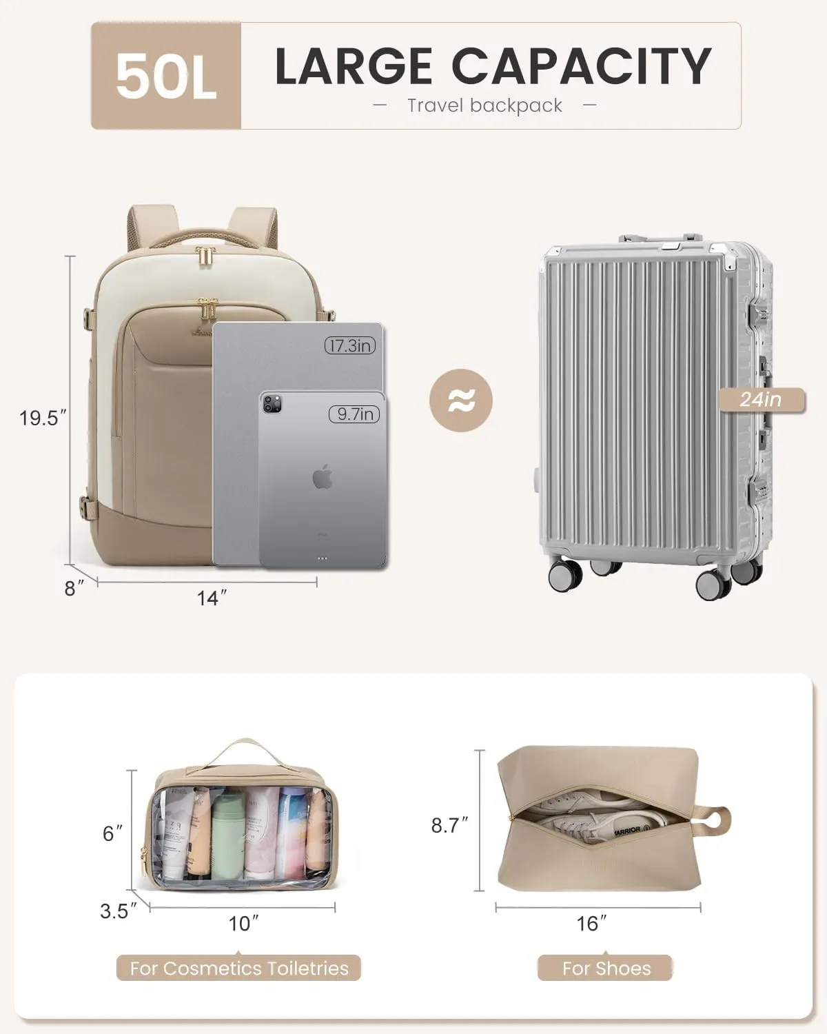 LOVEVOOK 50L Travel Backpack for Women Men, Large Carry on Backpack for Airplanes TSA Personal Item Travel Bag fits 17.3" Laptop, Waterproof Weekender Essentials Airline Approved with 2 Packing Cubes