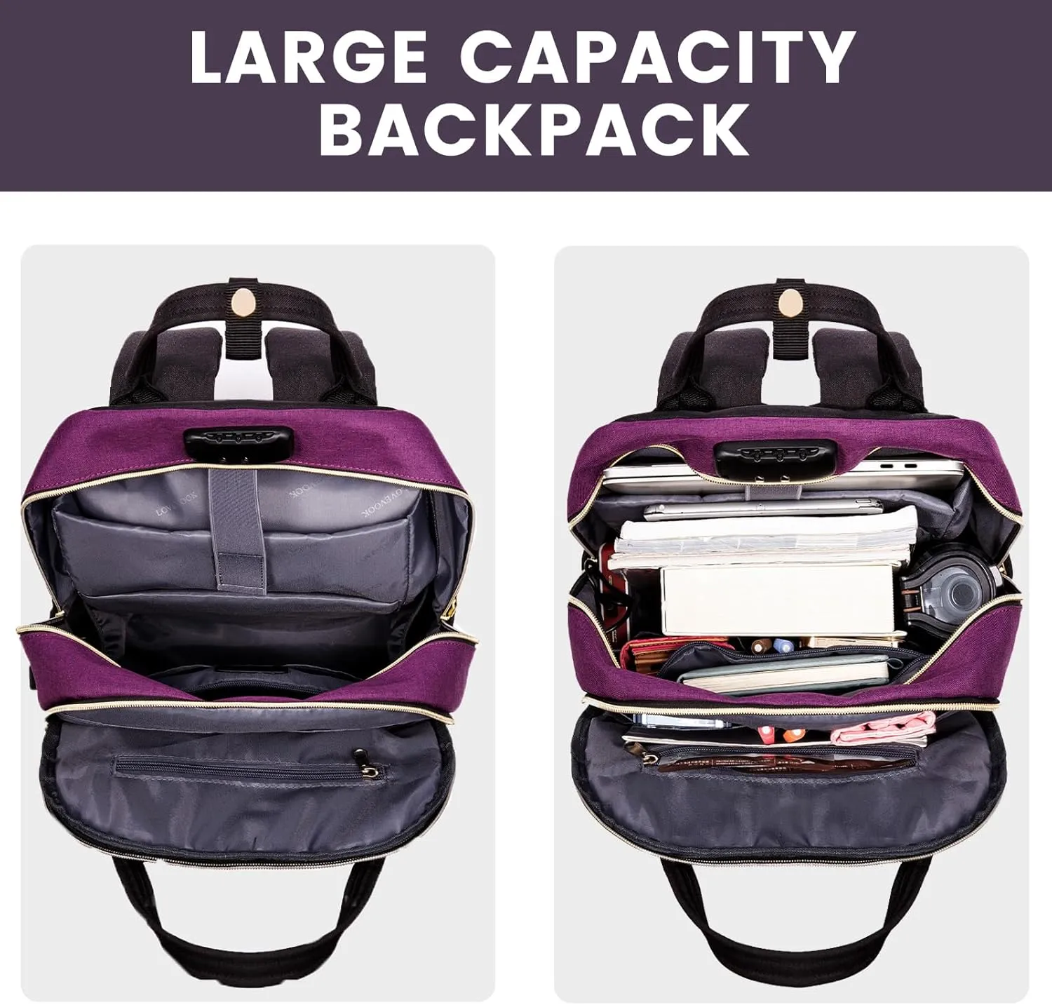 LOVEVOOK Backpack for Women, Fits 15.6 Inch Laptop Bag, Fashion Travel Work Anti-theft Bag, Business Computer Waterproof Teacher Backpack Purse, Purple-Black