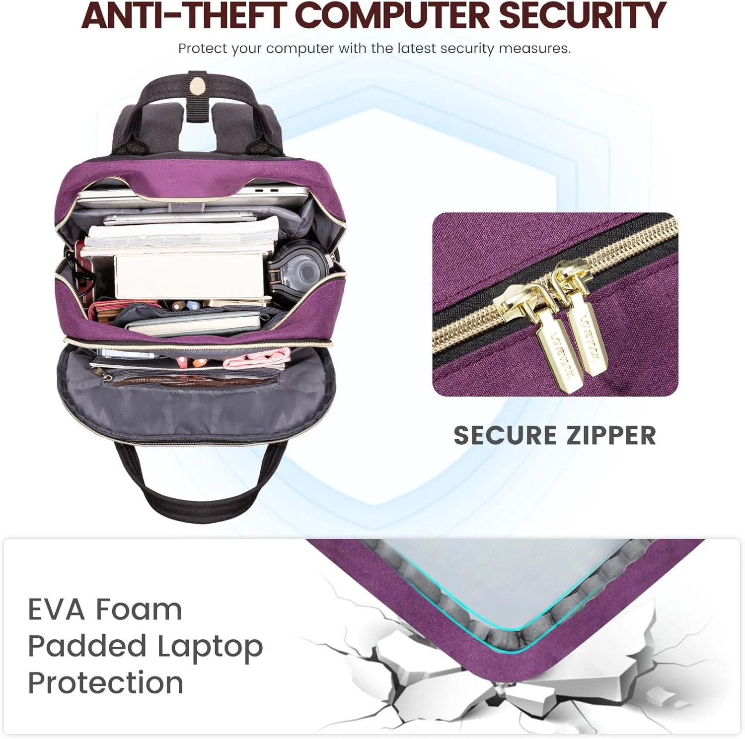 LOVEVOOK Backpack for Women, Fits 15.6 Inch Laptop Bag, Fashion Travel Work Anti-theft Bag, Business Computer Waterproof Teacher Backpack Purse, Purple-Black