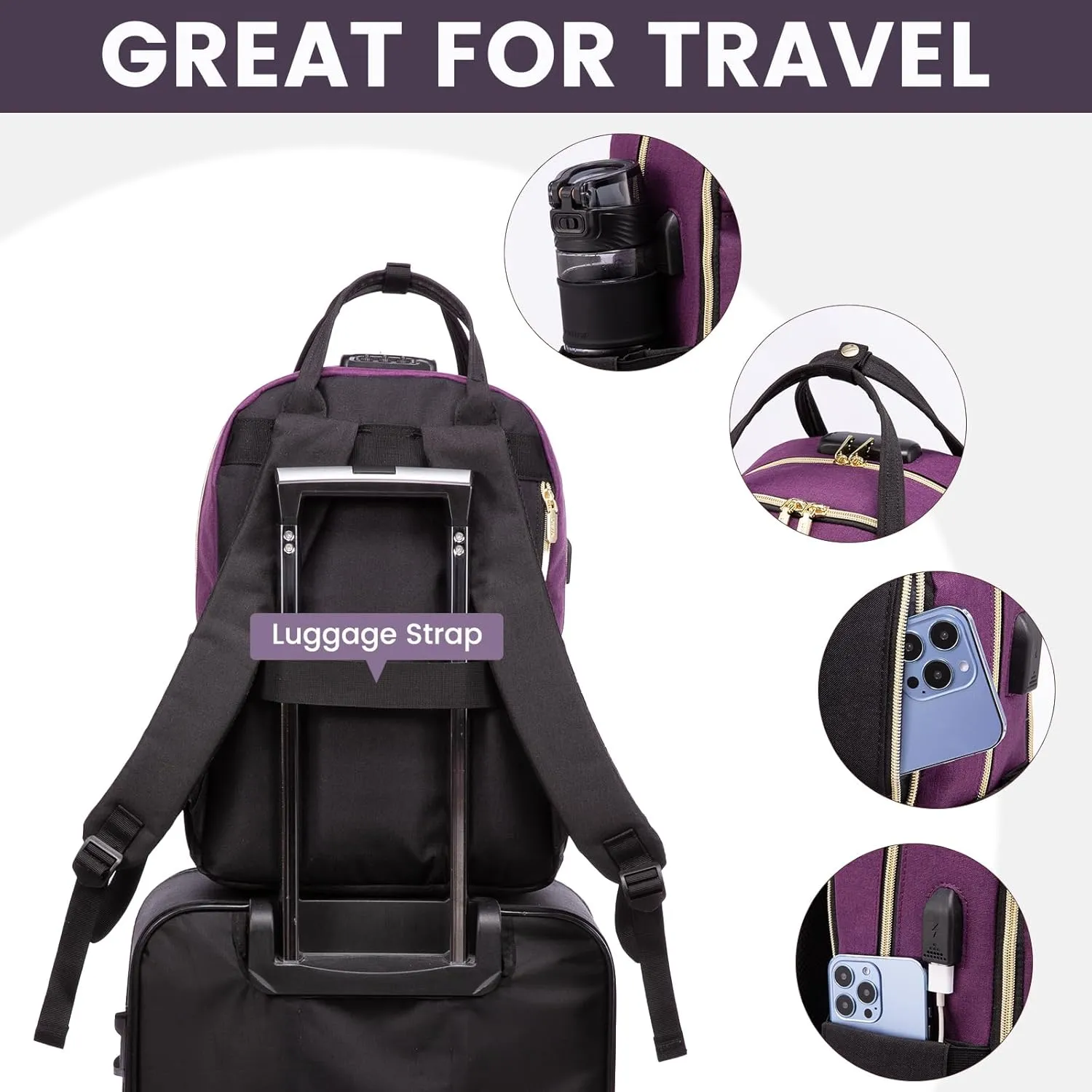 LOVEVOOK Backpack for Women, Fits 15.6 Inch Laptop Bag, Fashion Travel Work Anti-theft Bag, Business Computer Waterproof Teacher Backpack Purse, Purple-Black