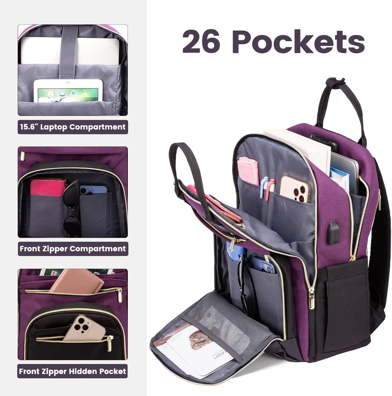 LOVEVOOK Backpack for Women, Fits 15.6 Inch Laptop Bag, Fashion Travel Work Anti-theft Bag, Business Computer Waterproof Teacher Backpack Purse, Purple-Black