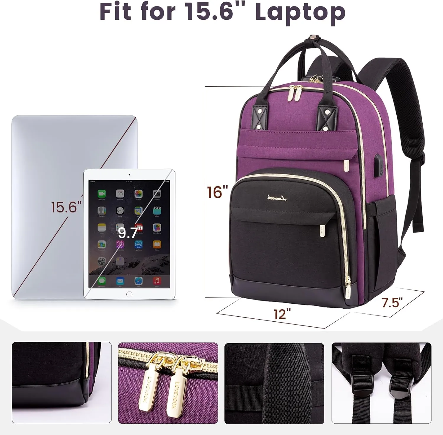 LOVEVOOK Backpack for Women, Fits 15.6 Inch Laptop Bag, Fashion Travel Work Anti-theft Bag, Business Computer Waterproof Teacher Backpack Purse, Purple-Black