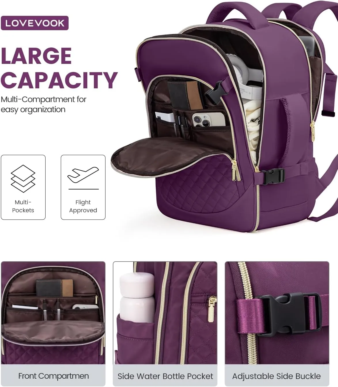 LOVEVOOK Carry on Backpack, 30L Travel Backpack for Women Airline Approved,Luggage Business Weekender Overnight Daypack as Personal Item fit for 15.6 inch Laptop,Purple