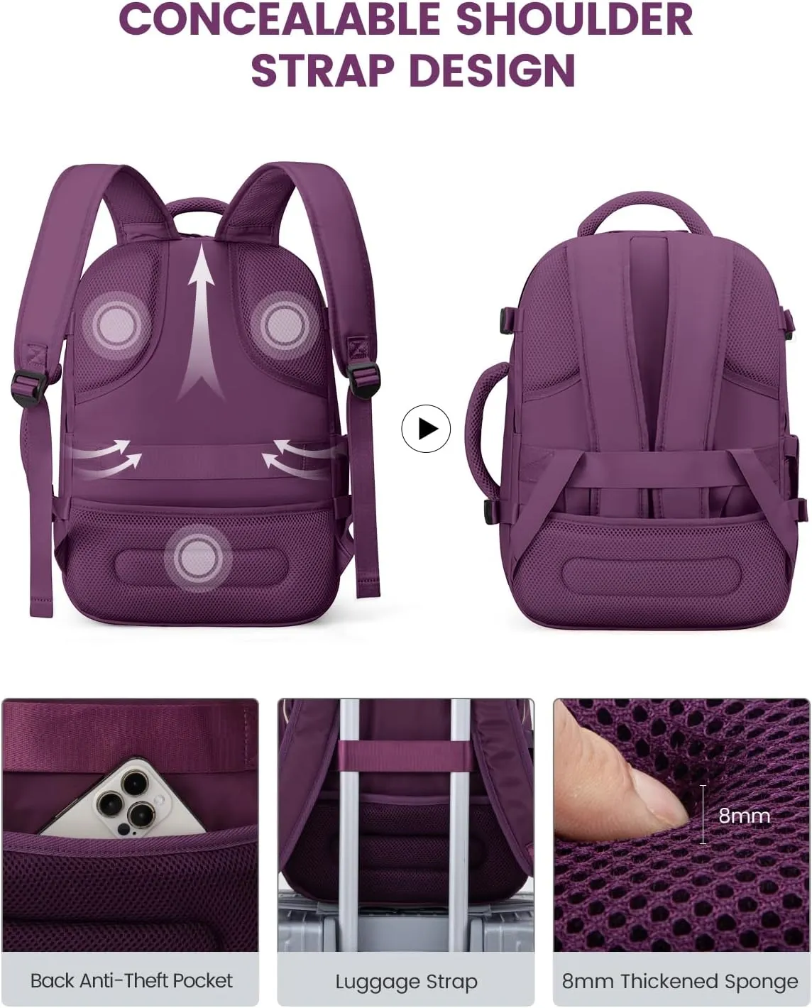 LOVEVOOK Carry on Backpack, 30L Travel Backpack for Women Airline Approved,Luggage Business Weekender Overnight Daypack as Personal Item fit for 15.6 inch Laptop,Purple