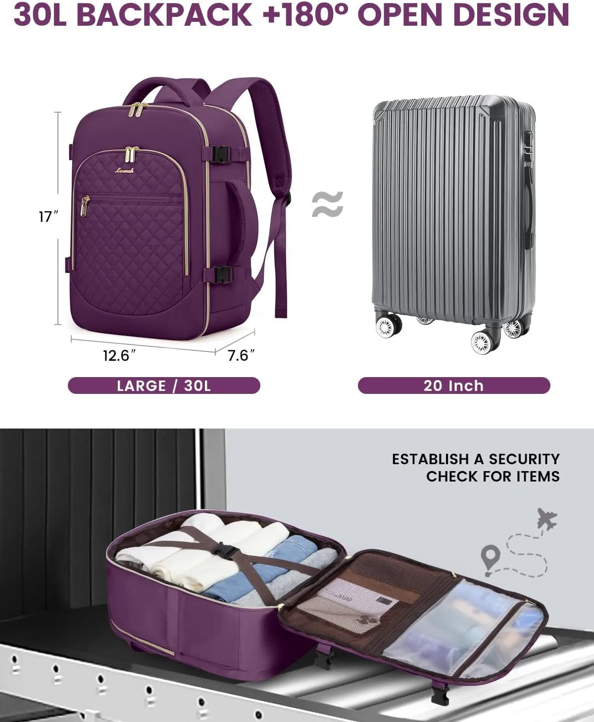 LOVEVOOK Carry on Backpack, 30L Travel Backpack for Women Airline Approved,Luggage Business Weekender Overnight Daypack as Personal Item fit for 15.6 inch Laptop,Purple