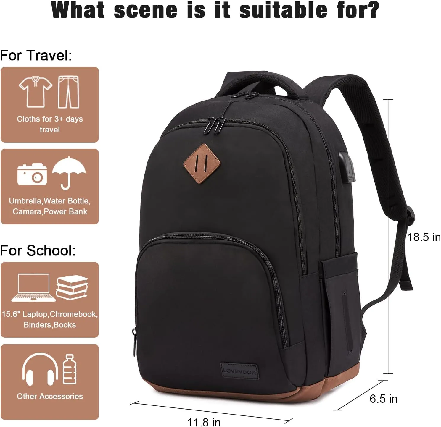 LOVEVOOK Classical Backpack for Women Men, School Bookbag with Laptop Compartment for College Work Travel, Water Resistant Daypack, Fit 15.6" Laptop