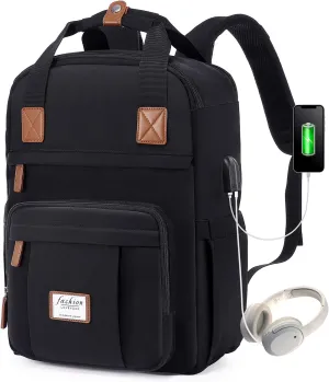 LOVEVOOK Laptop Backpack for Women, 15.6 Inch Anti-Theft Computer Backpack with USB Charging Port, Water Resistant Nurse Cute Bag with Lock, Black