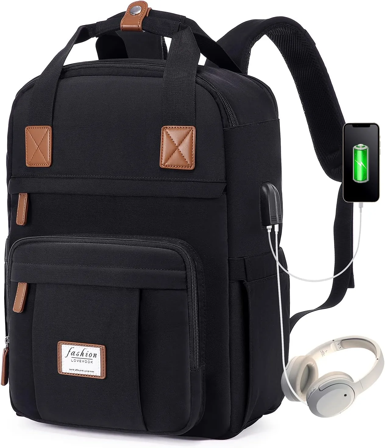 LOVEVOOK Laptop Backpack for Women, 15.6 Inch Anti-Theft Computer Backpack with USB Charging Port, Water Resistant Nurse Cute Bag with Lock, Black