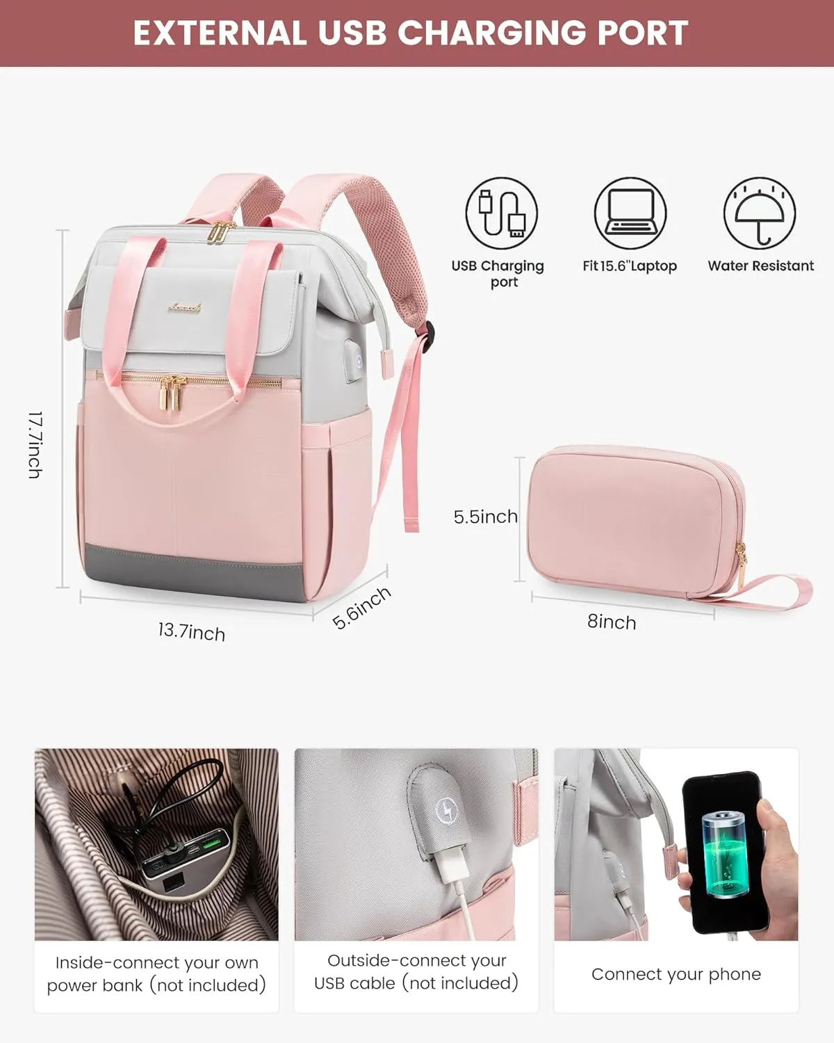 LOVEVOOK Laptop Backpack for Women, 15.6 Inch Work Laptop Bag with USB Port, Fashion Teacher Nurse Backpack Purse, Waterproof Travel Computer Backpack with Organizer Bag, 2PCS, Grey-Pink