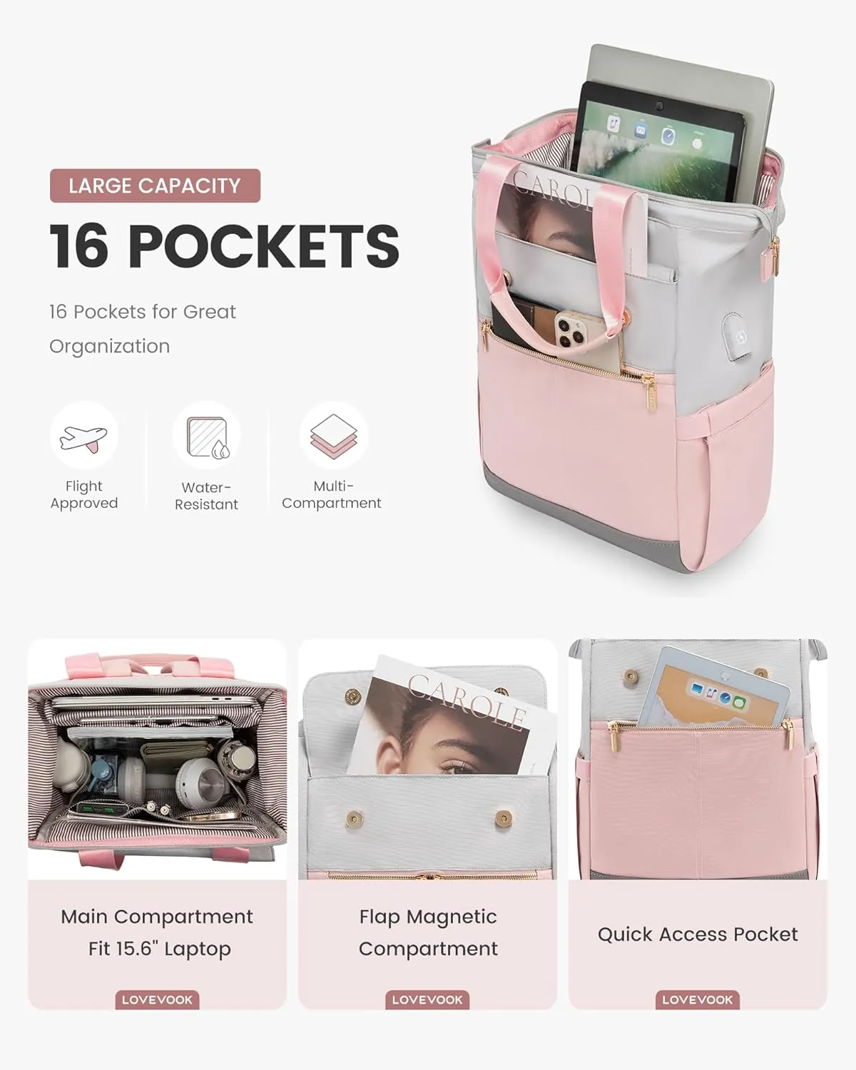 LOVEVOOK Laptop Backpack for Women, 15.6 Inch Work Laptop Bag with USB Port, Fashion Teacher Nurse Backpack Purse, Waterproof Travel Computer Backpack with Organizer Bag, 2PCS, Grey-Pink