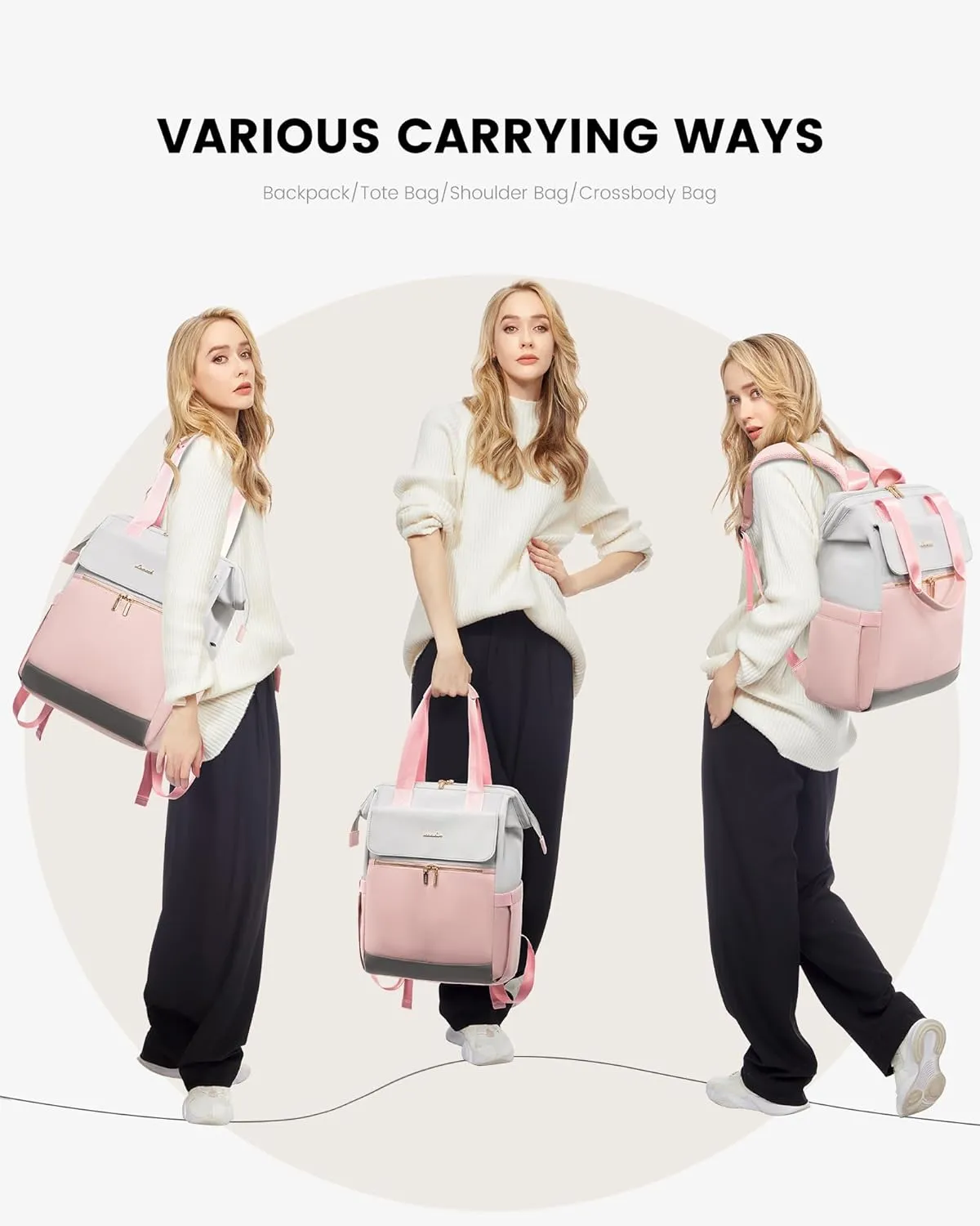 LOVEVOOK Laptop Backpack for Women, 15.6 Inch Work Laptop Bag with USB Port, Fashion Teacher Nurse Backpack Purse, Waterproof Travel Computer Backpack with Organizer Bag, 2PCS, Grey-Pink