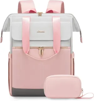 LOVEVOOK Laptop Backpack for Women, 15.6 Inch Work Laptop Bag with USB Port, Fashion Teacher Nurse Backpack Purse, Waterproof Travel Computer Backpack with Organizer Bag, 2PCS, Grey-Pink