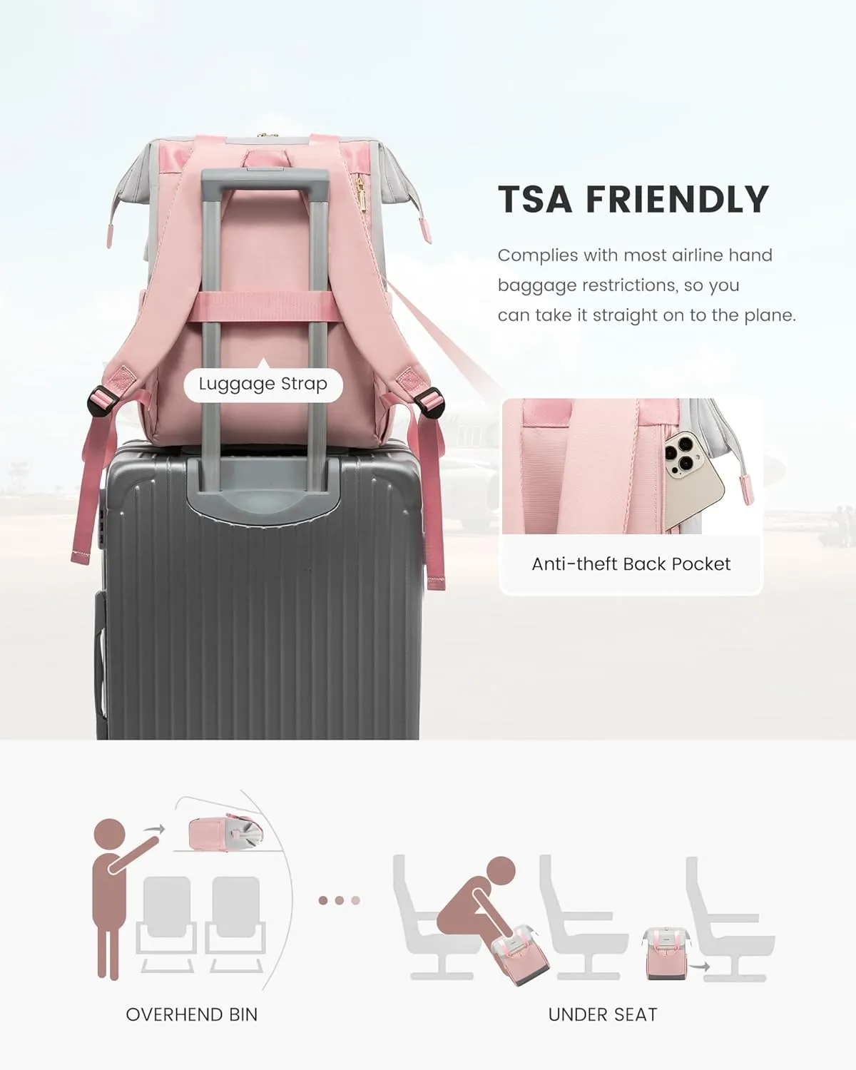 LOVEVOOK Laptop Backpack for Women, 15.6 Inch Work Laptop Bag with USB Port, Fashion Teacher Nurse Backpack Purse, Waterproof Travel Computer Backpack with Organizer Bag, 2PCS, Grey-Pink