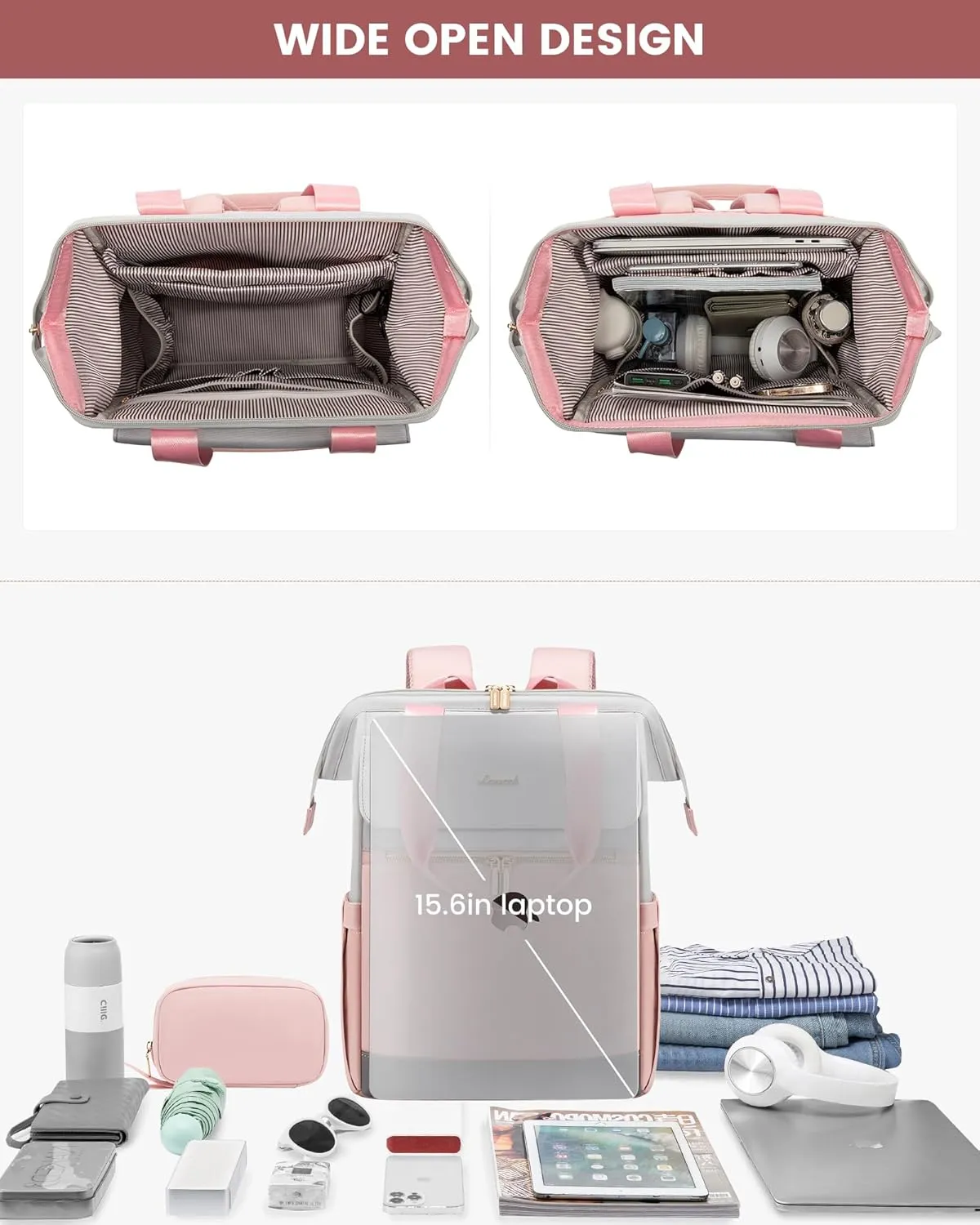 LOVEVOOK Laptop Backpack for Women, 15.6 Inch Work Laptop Bag with USB Port, Fashion Teacher Nurse Backpack Purse, Waterproof Travel Computer Backpack with Organizer Bag, 2PCS, Grey-Pink