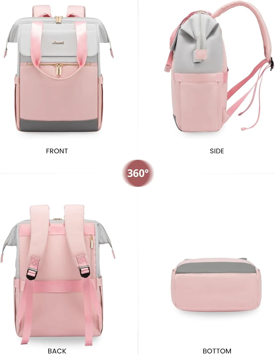LOVEVOOK Laptop Backpack for Women, 15.6 Inch Work Laptop Bag with USB Port, Fashion Teacher Nurse Backpack Purse, Waterproof Travel Computer Backpack with Organizer Bag, 2PCS, Grey-Pink