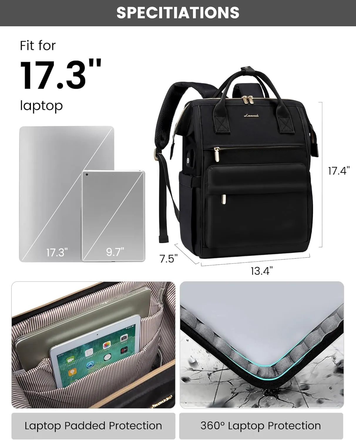 LOVEVOOK Laptop Backpack for Women, 17 Inch Work Teacher Nurse Bag, Large Capacity Business Computer Backpack Purse with USB Port, Stylish Casual Daypack for Travel,Black