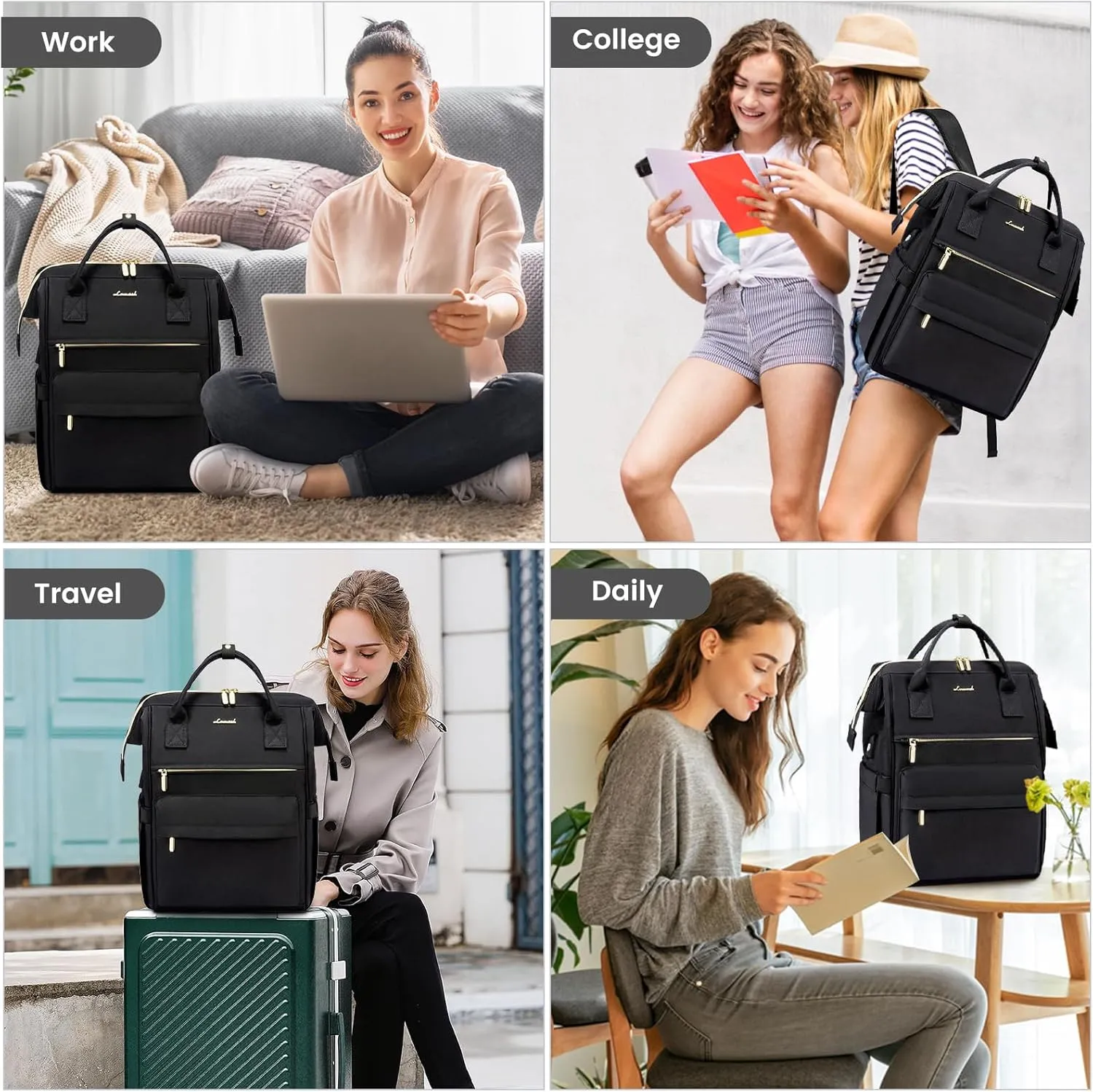 LOVEVOOK Laptop Backpack for Women, 17 Inch Work Teacher Nurse Bag, Large Capacity Business Computer Backpack Purse with USB Port, Stylish Casual Daypack for Travel,Black
