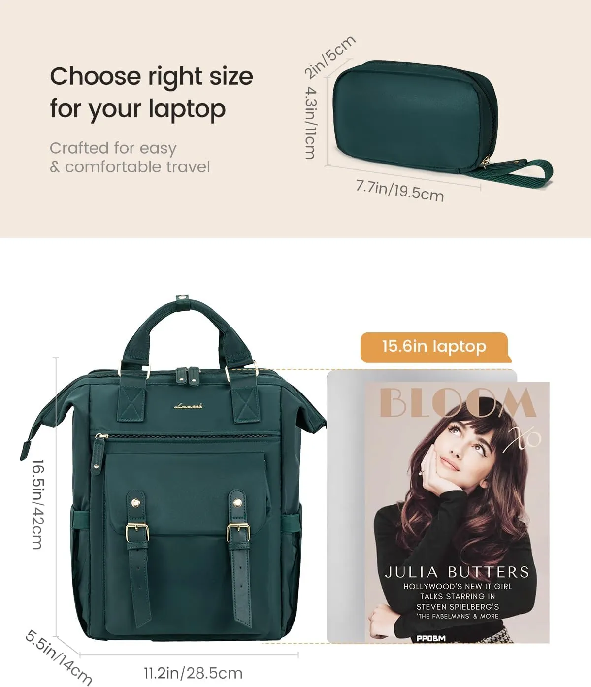 LOVEVOOK Laptop Backpack for Women, Teacher Nurse Work Backpack Purse, Water Resistant Travel Backpack with Separate Laptop Compartment, College Back pack, 15.6 Inch - Dark Green