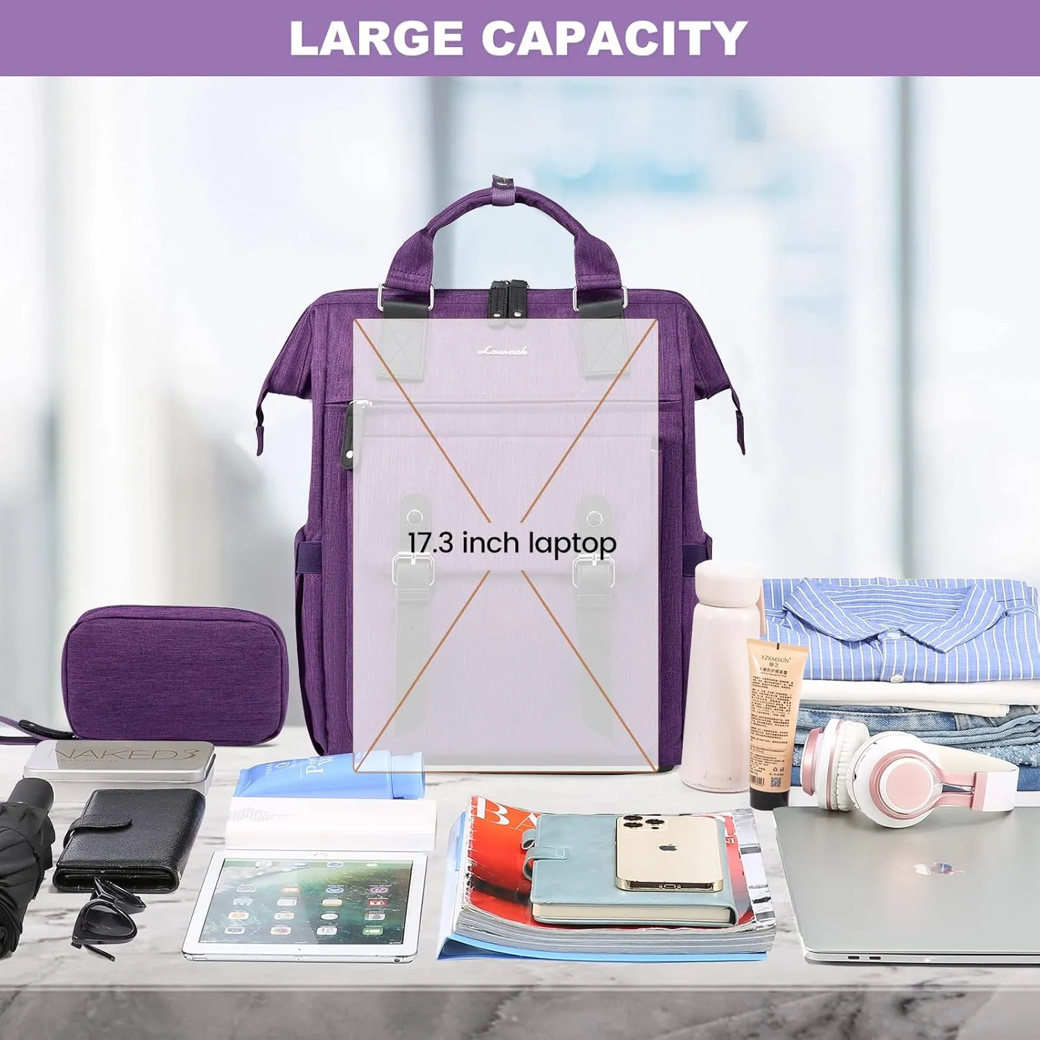 LOVEVOOK Laptop Backpack for Women Work Travel Backpack, Teacher Doctor Nurse Bags College Backpack Purse, Business Commuter Computer Laptop Bag, 17 Inch, Dark Purple-black