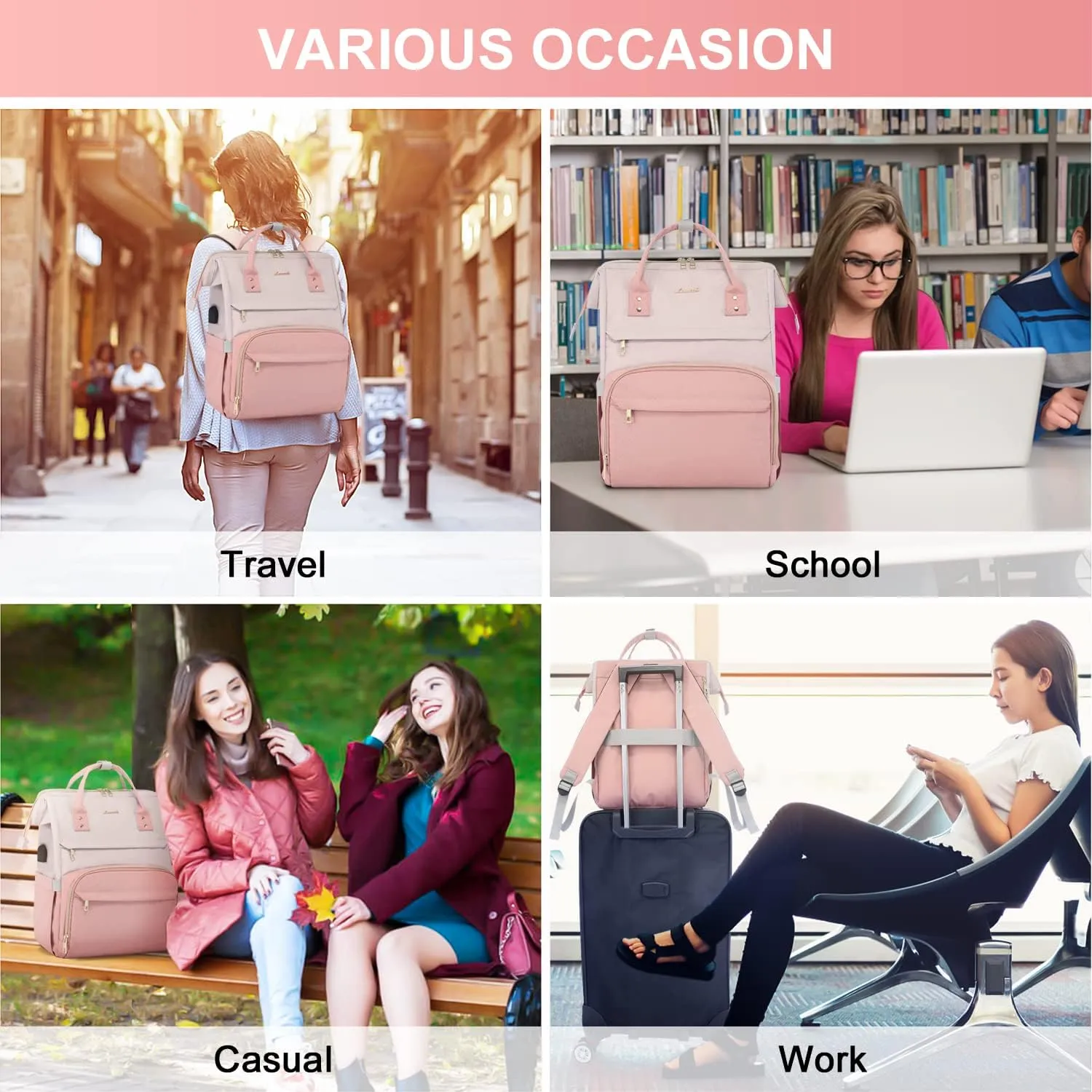 LOVEVOOK Laptop Backpack Purse for Women, 17-inch Large Work Computer Bags, Fashion Travel Business Backpacks, Teacher Doctor Nurse Backpack with USB Port, Pink-Light Purple