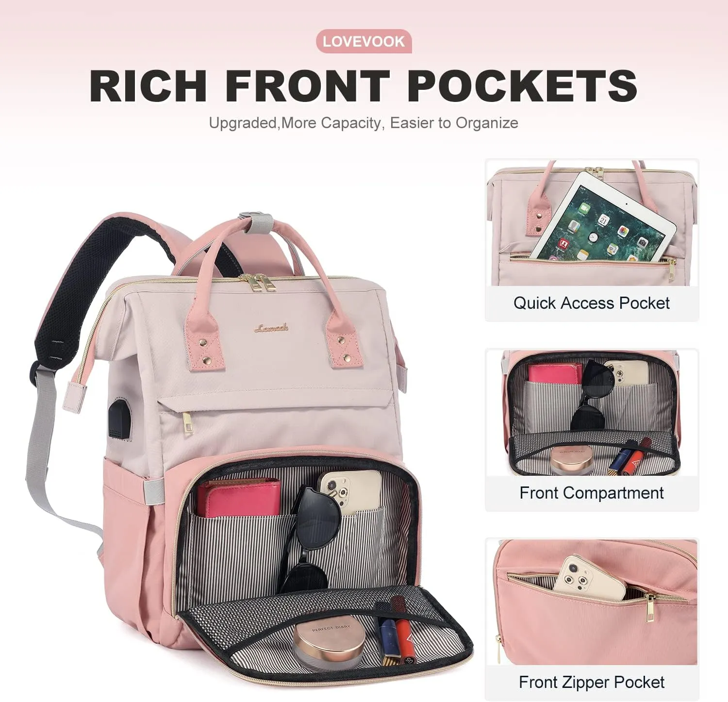 LOVEVOOK Laptop Backpack Purse for Women, 17-inch Large Work Computer Bags, Fashion Travel Business Backpacks, Teacher Doctor Nurse Backpack with USB Port, Pink-Light Purple