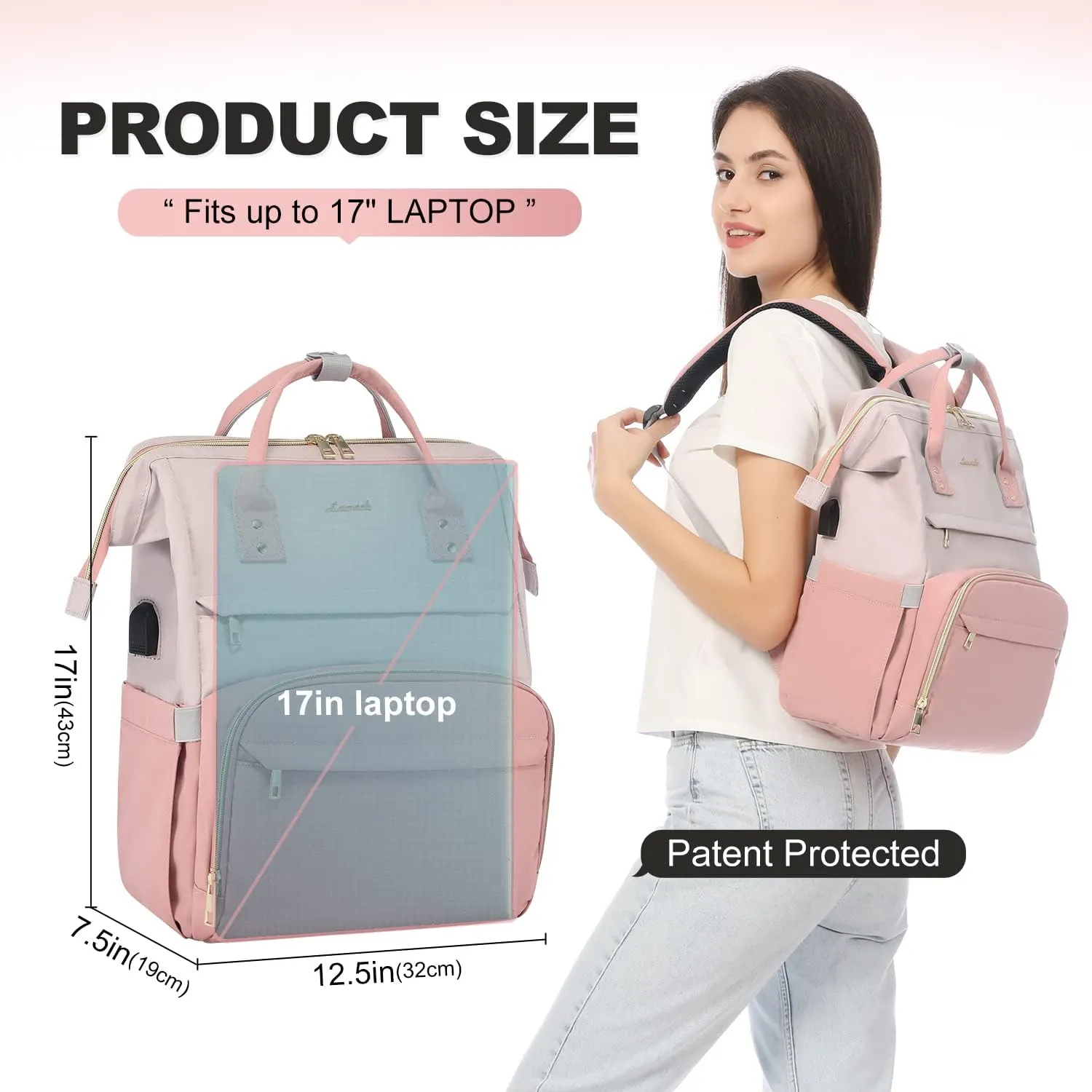 LOVEVOOK Laptop Backpack Purse for Women, 17-inch Large Work Computer Bags, Fashion Travel Business Backpacks, Teacher Doctor Nurse Backpack with USB Port, Pink-Light Purple