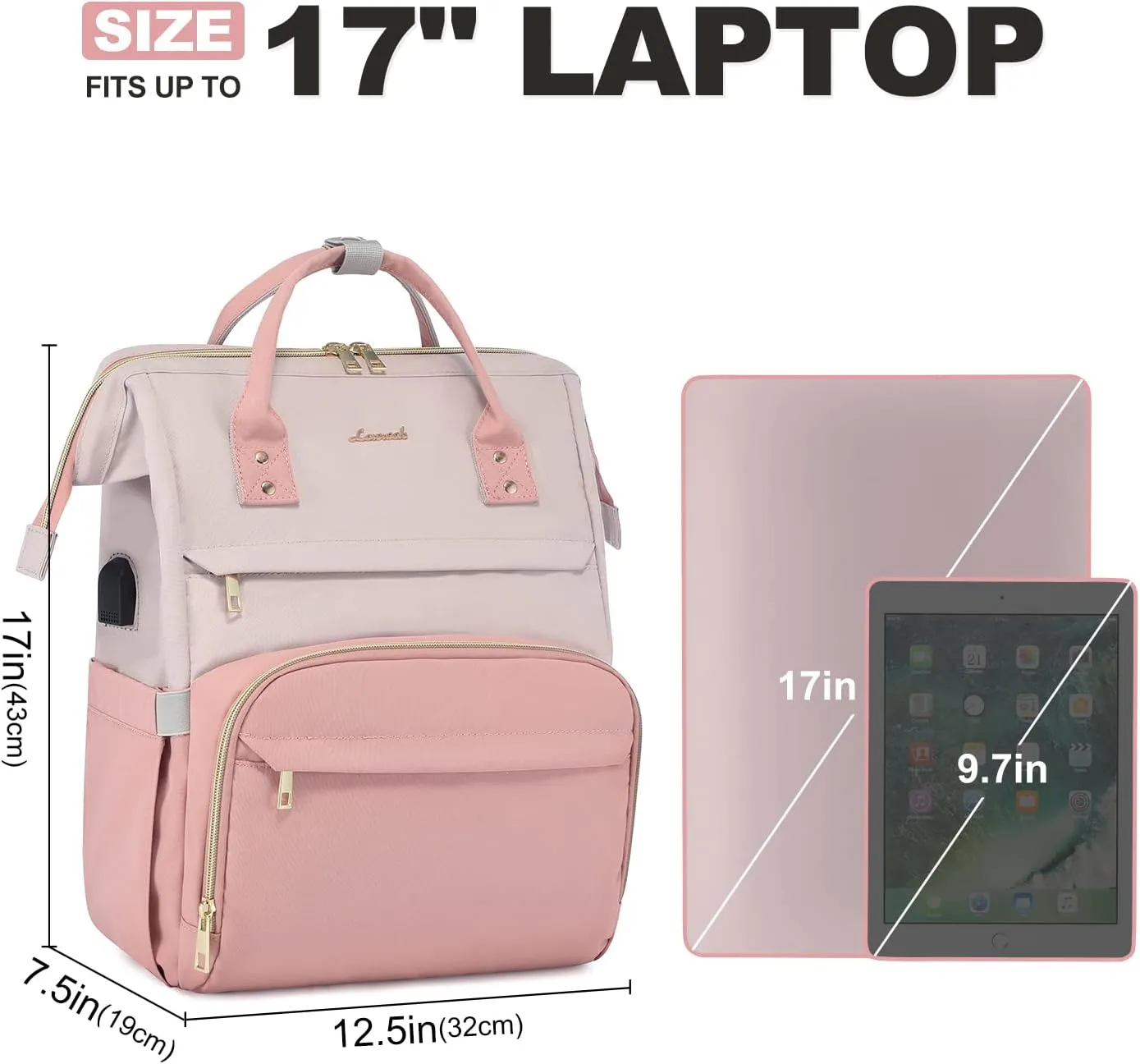 LOVEVOOK Laptop Backpack Purse for Women, 17-inch Large Work Computer Bags, Fashion Travel Business Backpacks, Teacher Doctor Nurse Backpack with USB Port, Pink-Light Purple