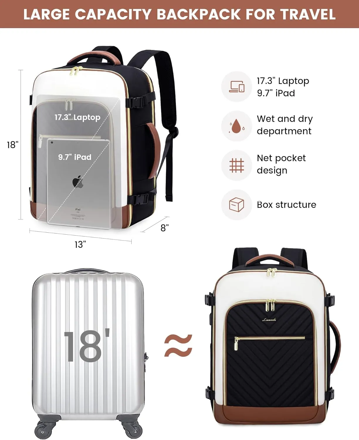LOVEVOOK Large Travel Backpack for Women, TSA Carry on Backpack for Airplanes, 40L Personal Item Travel Bag for Women fits 17" Laptop,Waterproof Carry on Bag Airplane Approved with 3 Packing Cubes