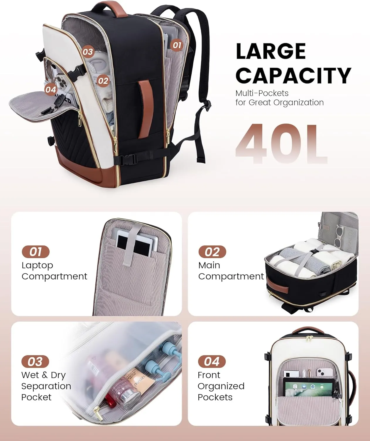 LOVEVOOK Large Travel Backpack for Women, TSA Carry on Backpack for Airplanes, 40L Personal Item Travel Bag for Women fits 17" Laptop,Waterproof Carry on Bag Airplane Approved with 3 Packing Cubes