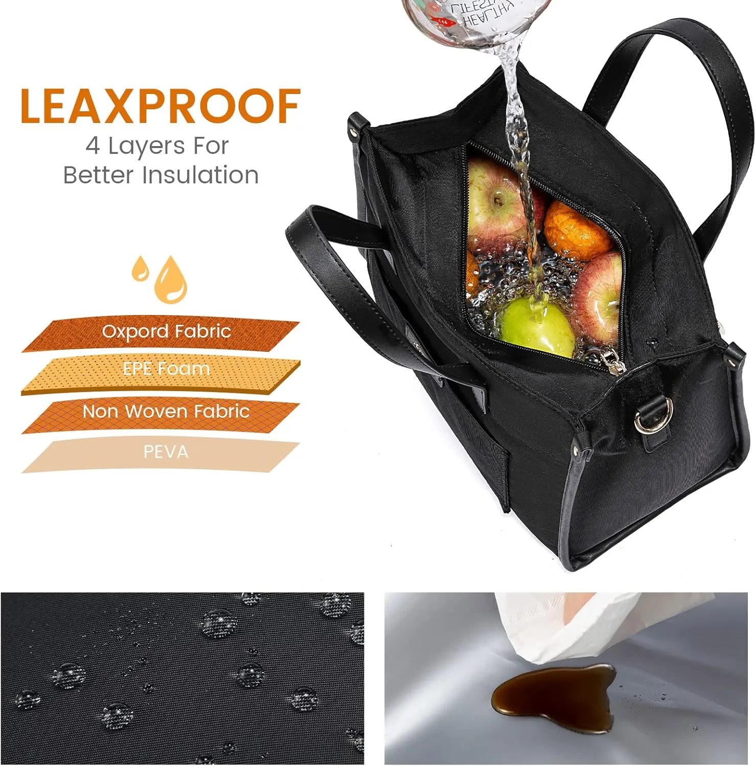 LOVEVOOK Lunch Bag Women Work,Lightweight Insulated Lunch Box for office-lady College Picnic Beach,Fashionable to Match,Black,S