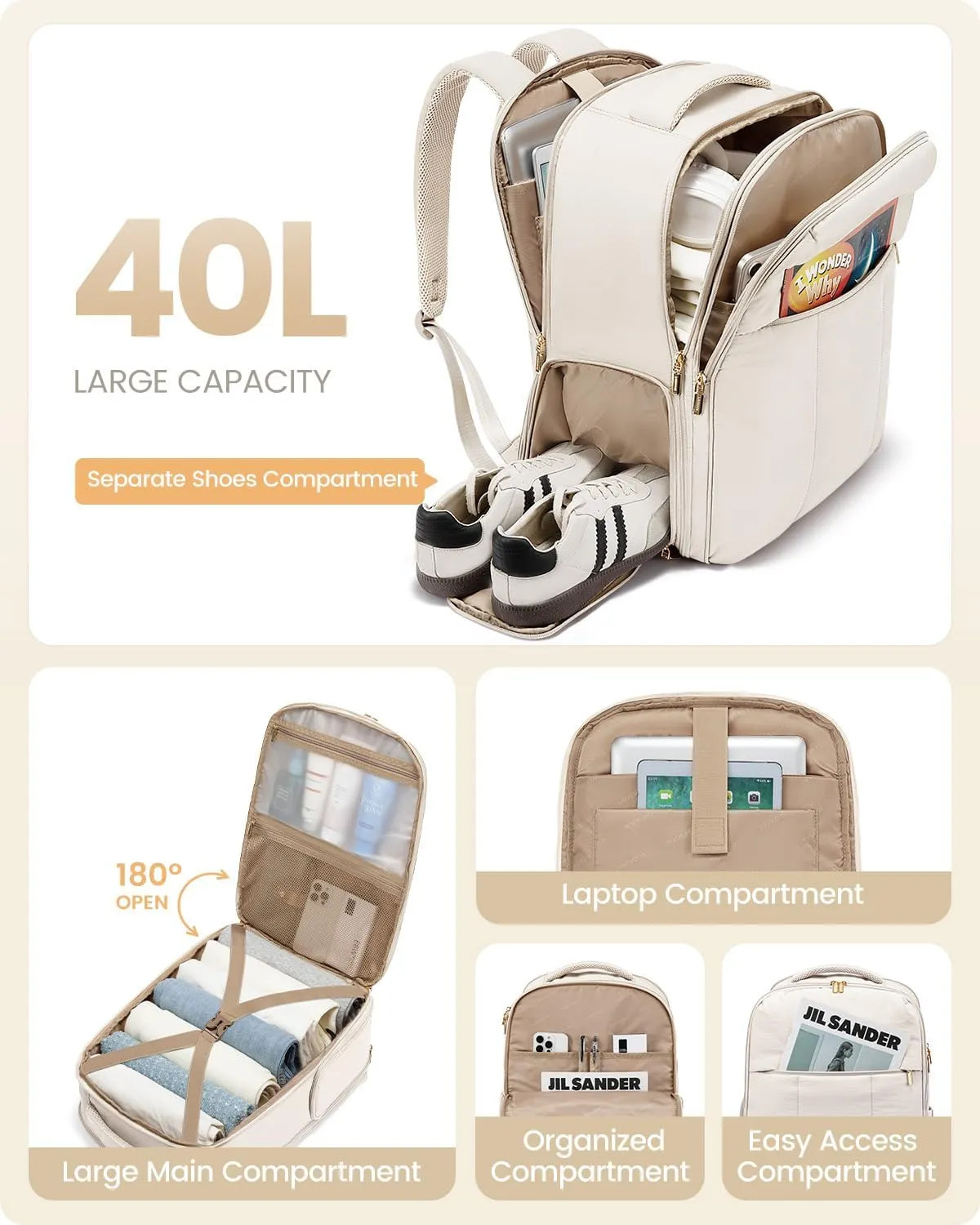 LOVEVOOK Travel Backpack for Women with Shoe Compartment, Puffer Carry on Backpack Flight Approved 40L Personal Item Travel Bag Fits 17inch Laptop, Waterproof Lightweight Bags with 3 Packing Cubes