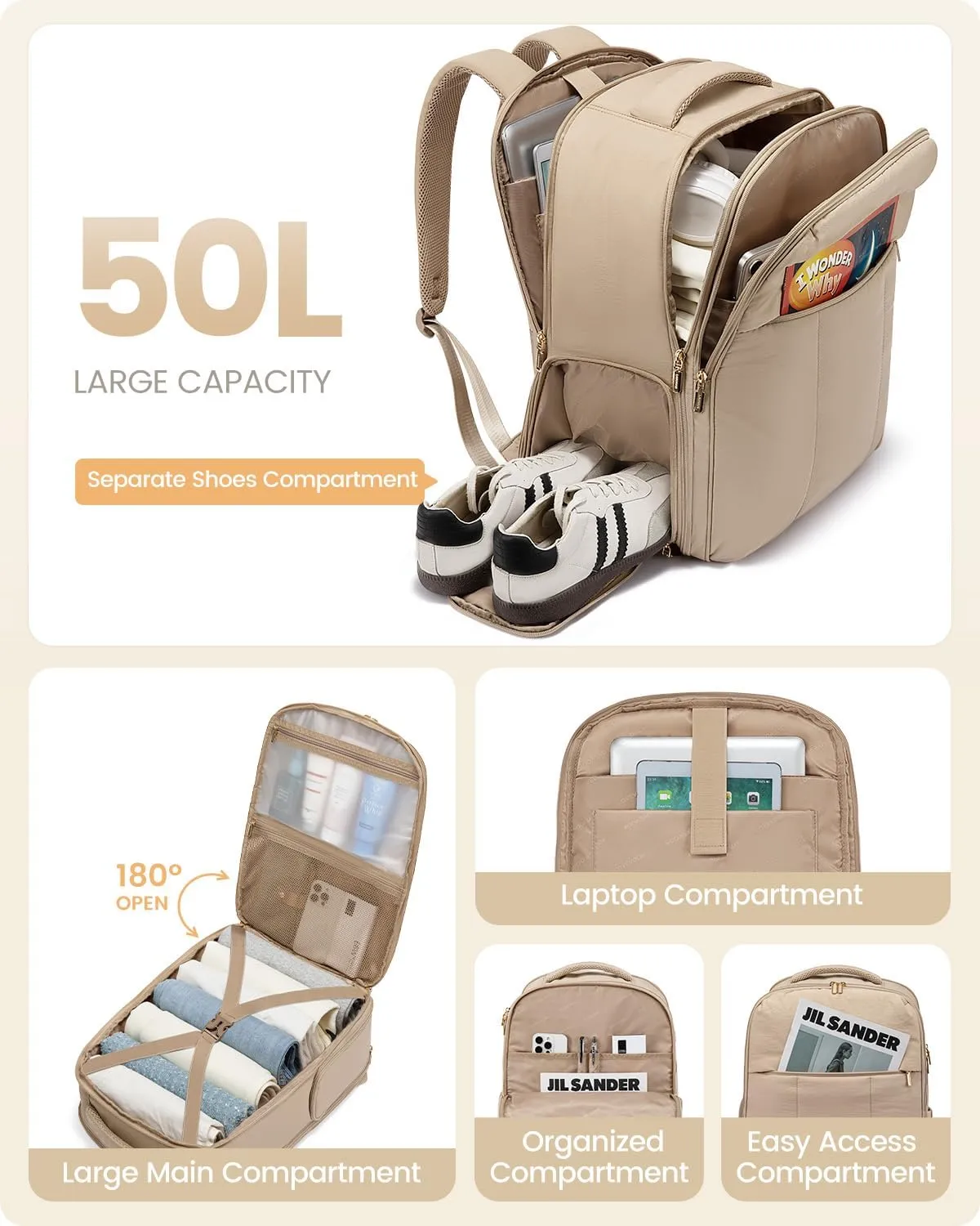 LOVEVOOK Travel Backpack for Women with Shoe Compartment, Puffer Carry on Backpack Flight Approved 50L Personal Item Travel Bag Fits 18inch Laptop, Waterproof Lightweight Bags with 3 Packing Cubes