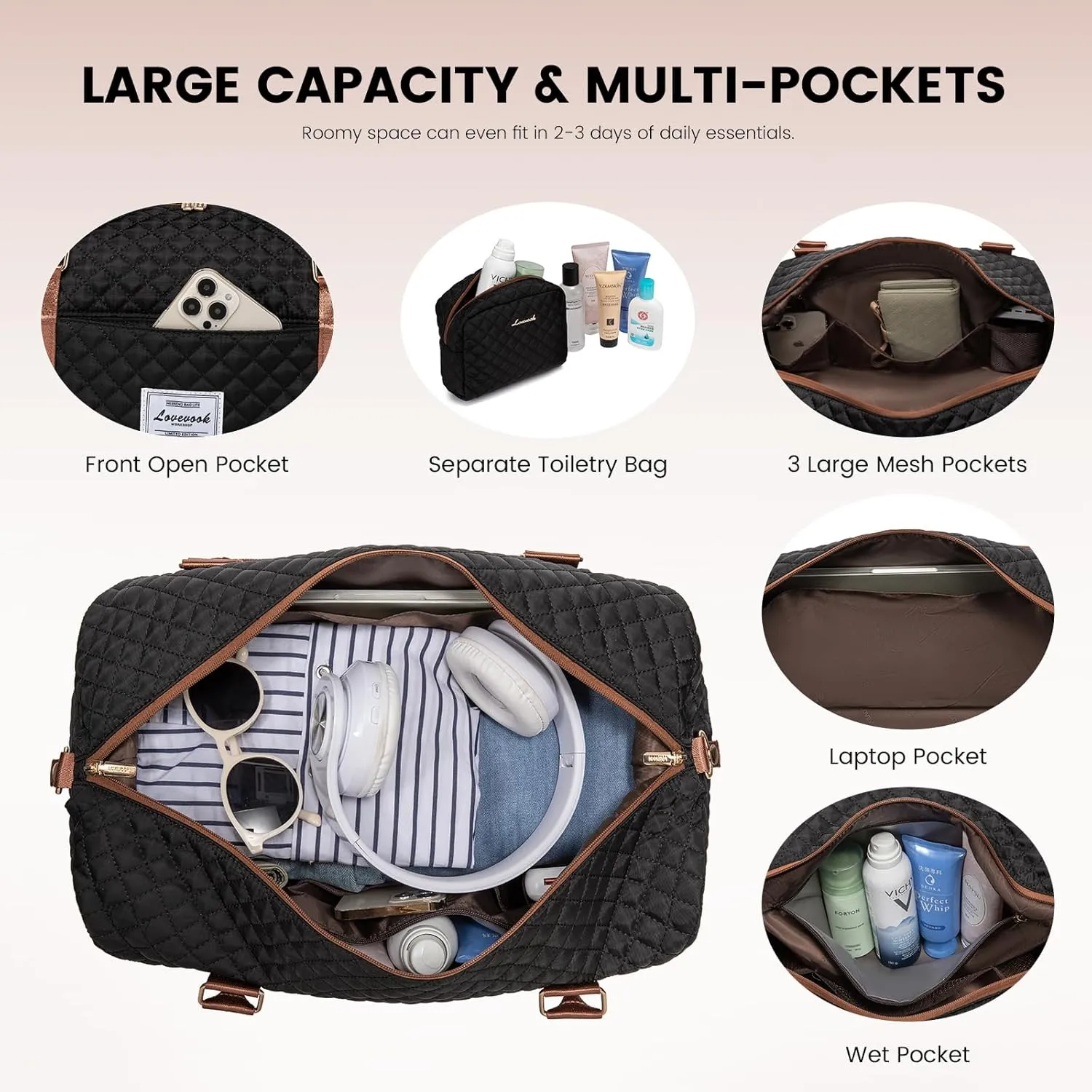 LOVEVOOK Travel Duffle Bag,Weekender Bags for Women with Shoe Compartment，Carry on Overnight Bag with Toiletry Bag,Gym Duffel Bag with Wet Pocket, Hospital Bags for Labor and Delivery