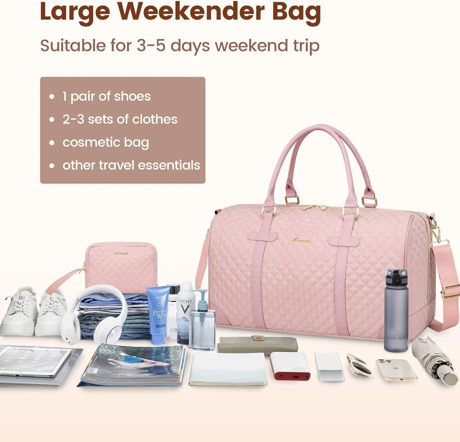 LOVEVOOK Travel Duffle Weekender Bag for Women - Carry-On Overnight With Wet Pocket, Shoe and Toiletry Compartments - Quilted Gym and Hospital Bag for Labor and Delivery (18 Inch)