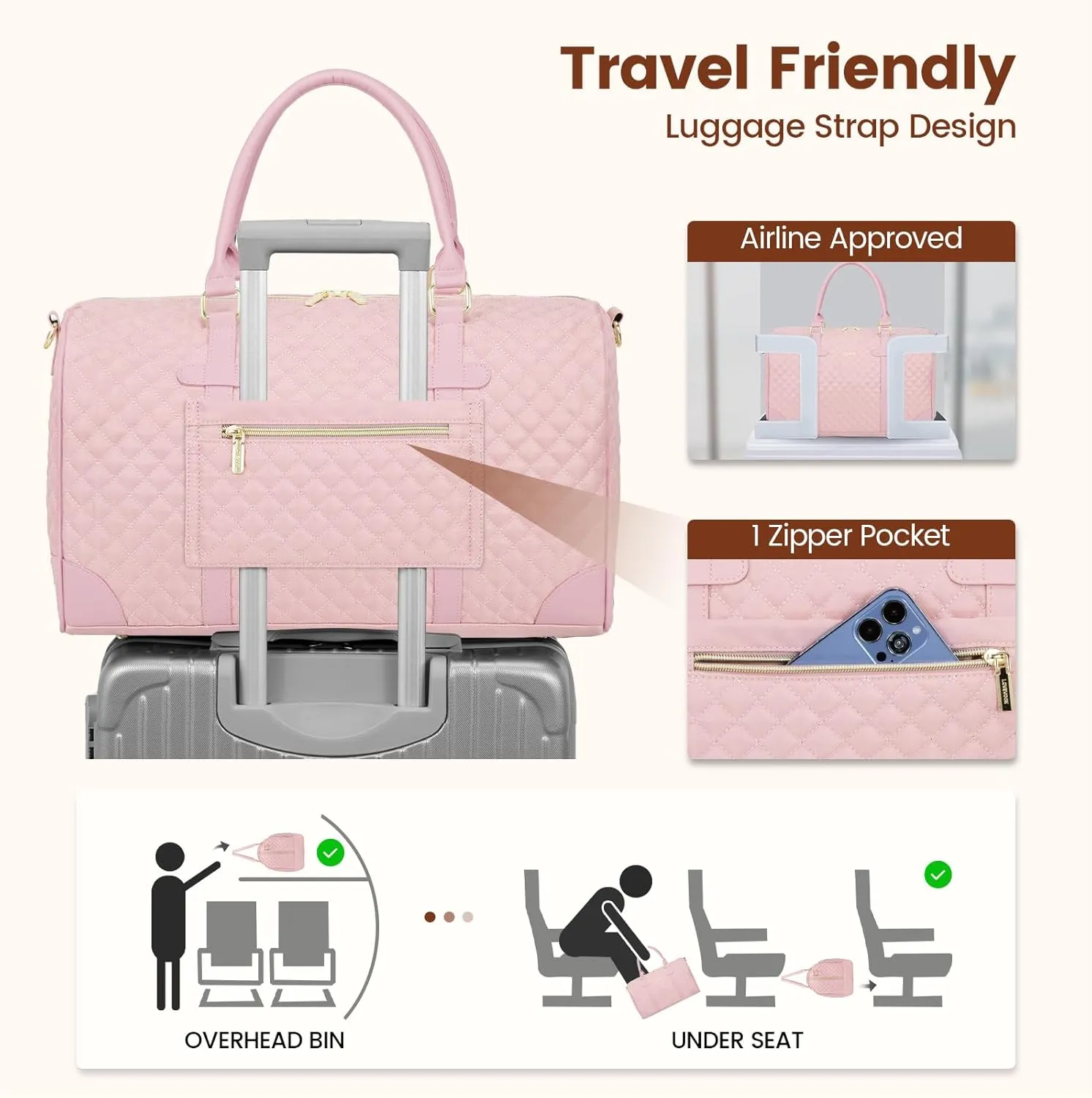 LOVEVOOK Travel Duffle Weekender Bag for Women - Carry-On Overnight With Wet Pocket, Shoe and Toiletry Compartments - Quilted Gym and Hospital Bag for Labor and Delivery (18 Inch)