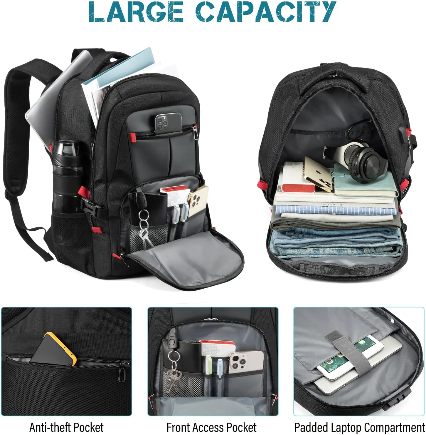 LOVEVOOK Travel Laptop Backpack Waterproof Anti Theft Backpack with Lock and USB Charging Port Large Computer Business Backpack for Men Women College Backpack (17 inch,DarkGrey
