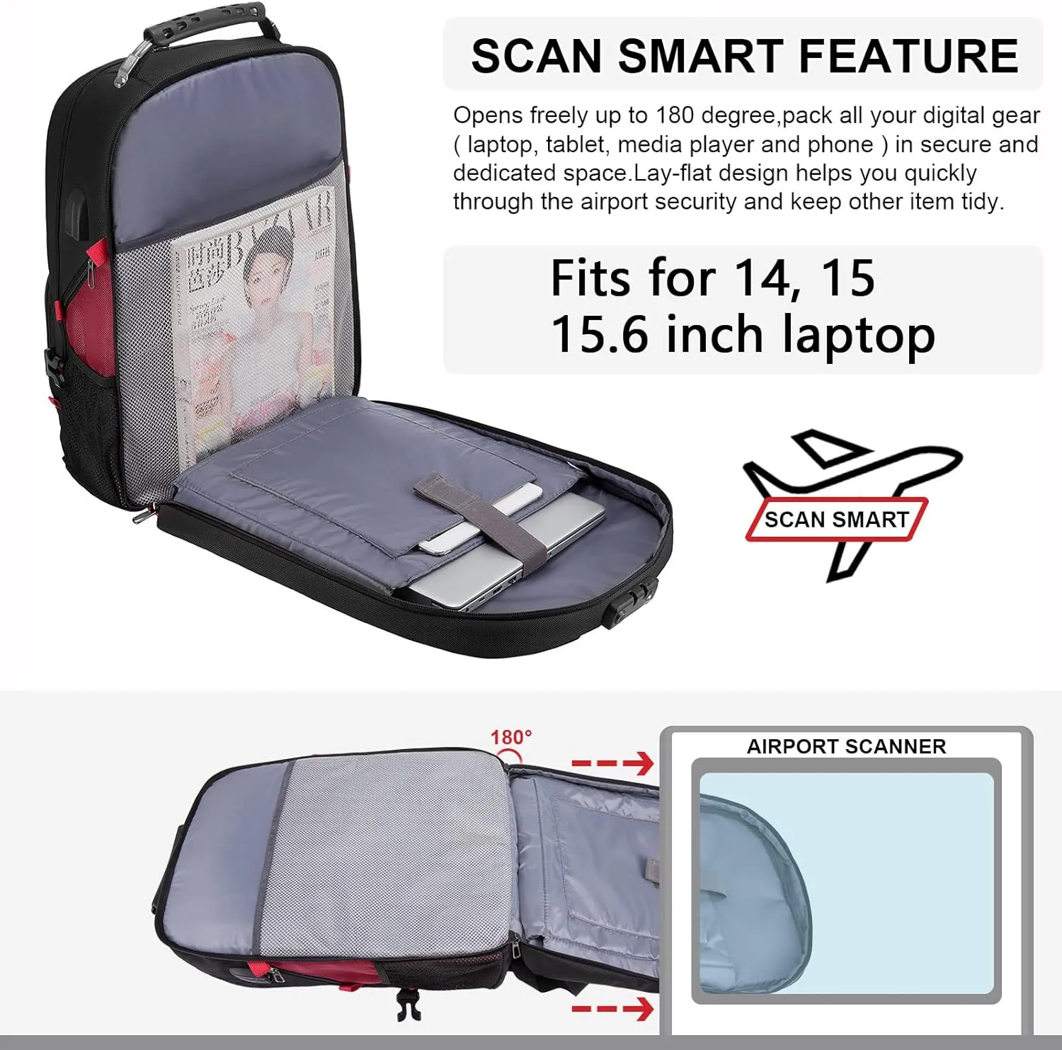 LOVEVOOK Travel Laptop Backpack Waterproof Anti Theft with Lock and USB Charging Port Large Computer Business Backpack for Men Women College (15.6 inch,Red)