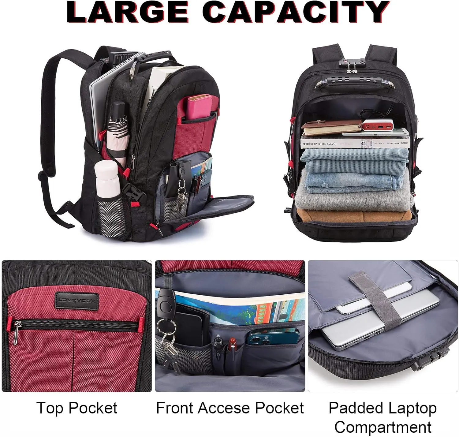 LOVEVOOK Travel Laptop Backpack Waterproof Anti Theft with Lock and USB Charging Port Large Computer Business Backpack for Men Women College (15.6 inch,Red)