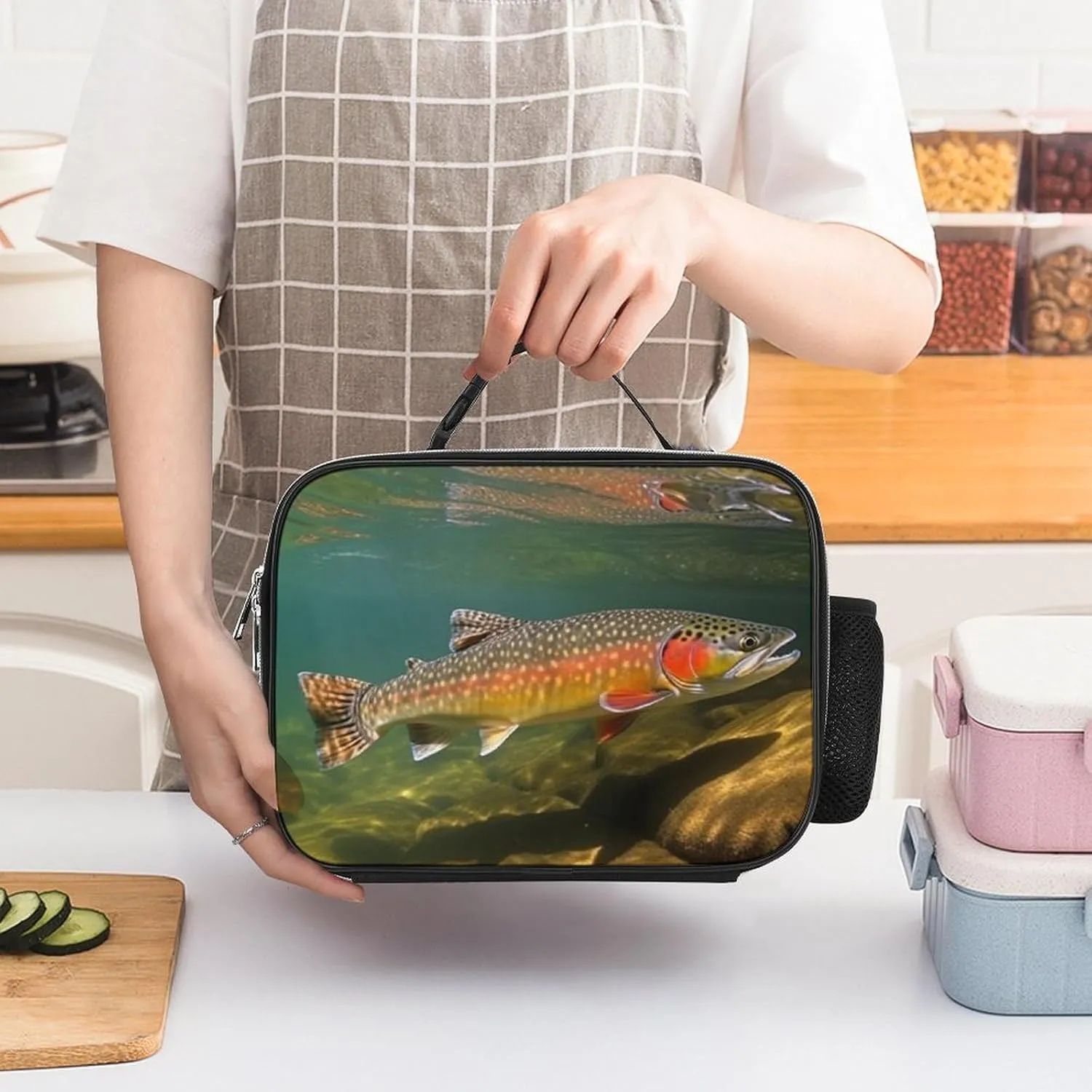 Lunch Bag for Women Men Lunch Box Reusable Brook Trout Fly Fishing Lunch Tote Bag Leakproof Lunch Cooler Bag for Work, 27x21x9cm