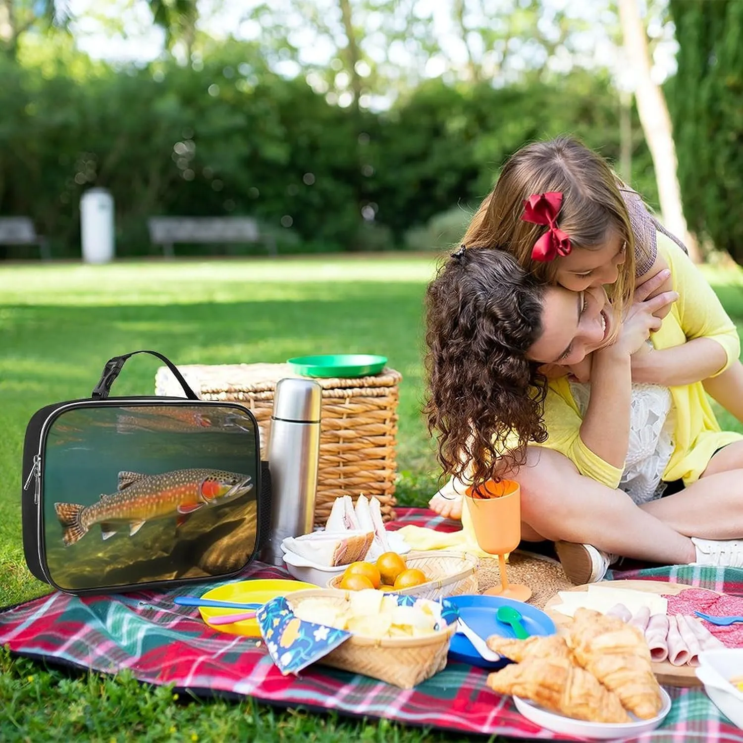 Lunch Bag for Women Men Lunch Box Reusable Brook Trout Fly Fishing Lunch Tote Bag Leakproof Lunch Cooler Bag for Work, 27x21x9cm