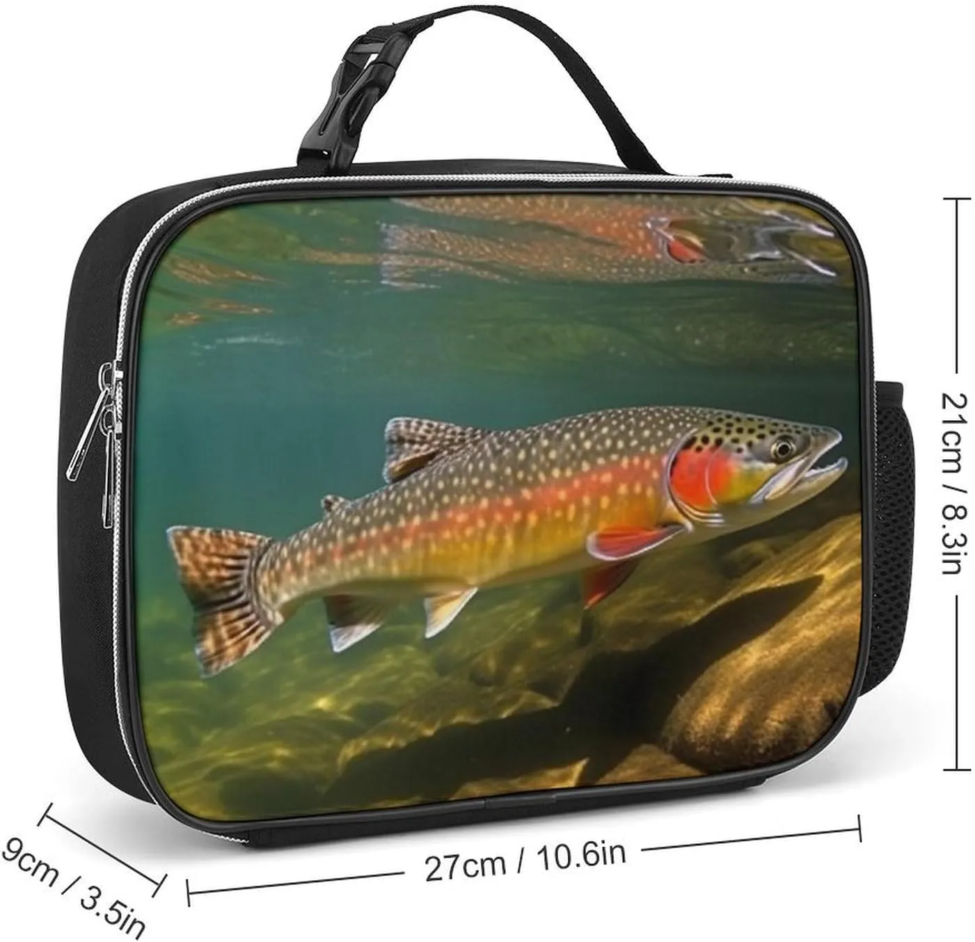 Lunch Bag for Women Men Lunch Box Reusable Brook Trout Fly Fishing Lunch Tote Bag Leakproof Lunch Cooler Bag for Work, 27x21x9cm