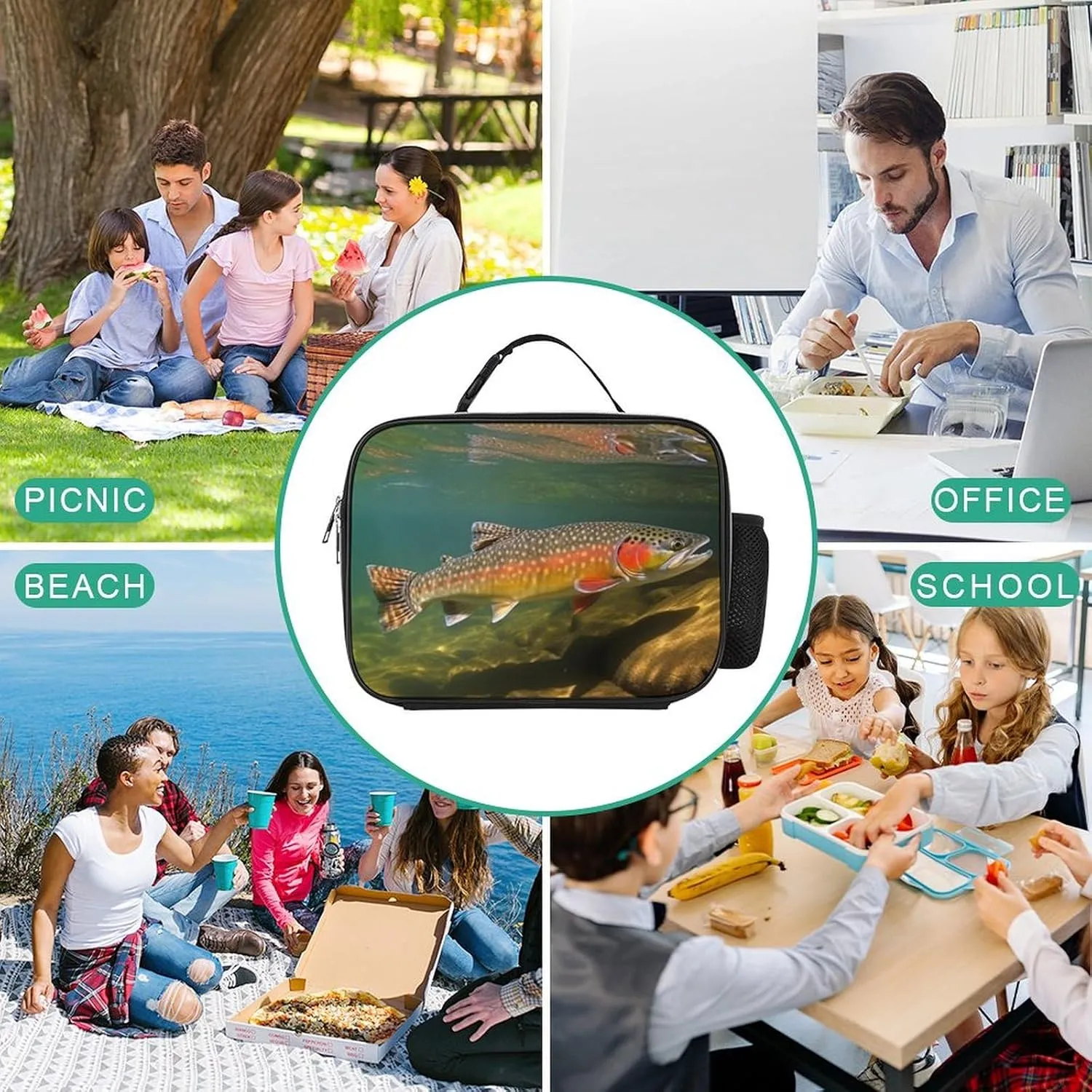 Lunch Bag for Women Men Lunch Box Reusable Brook Trout Fly Fishing Lunch Tote Bag Leakproof Lunch Cooler Bag for Work, 27x21x9cm